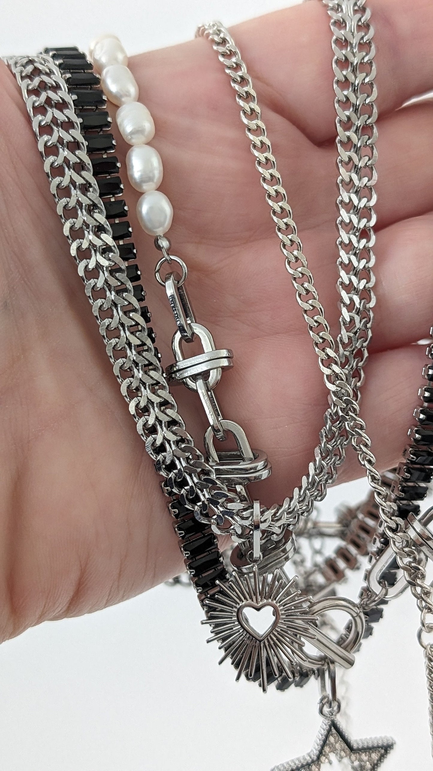 Layered chain necklace set silver, freshwater pearl toggle necklace, boho multi chain choker, black baguette choker, star and heart necklace