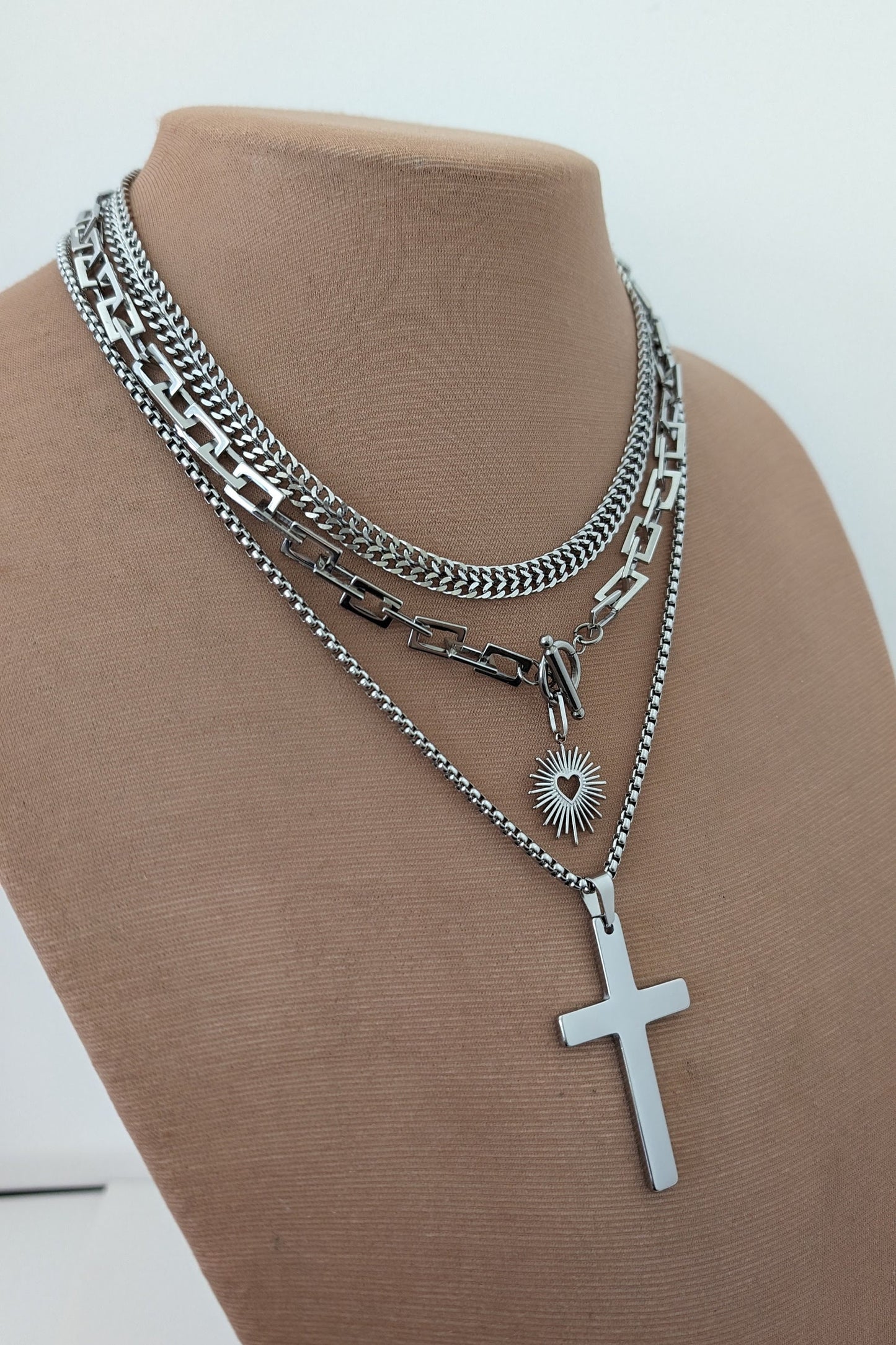 Multi layer silver chunky chain necklace set, sacred heart charm,  boho stacked statement necklace, long layered cross pendant necklace