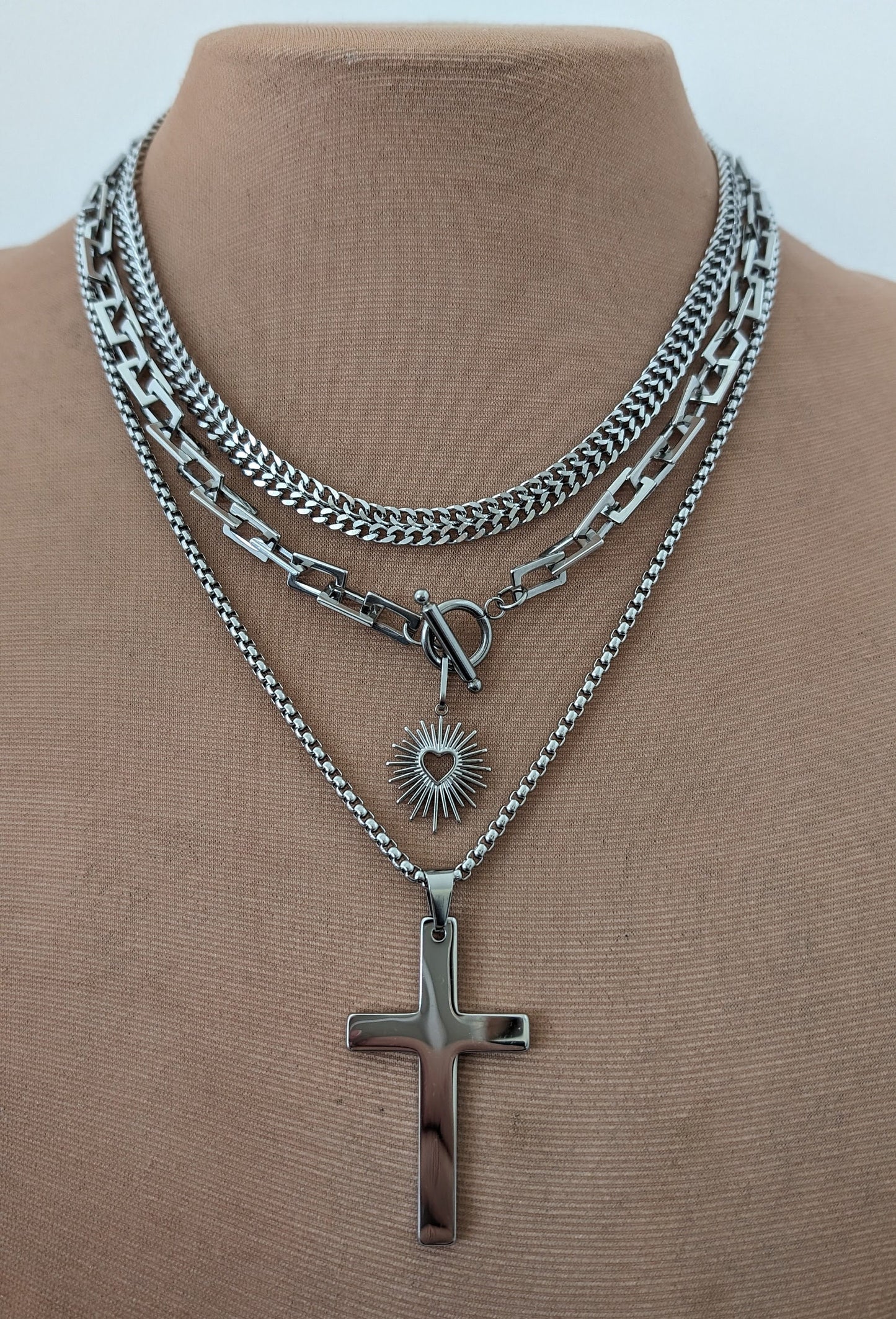 Multi layer silver chunky chain necklace set, sacred heart charm,  boho stacked statement necklace, long layered cross pendant necklace