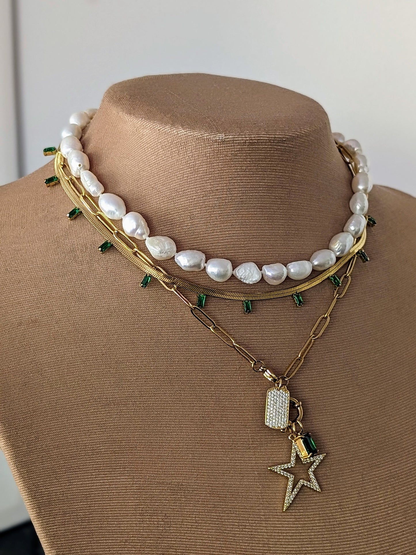 Freshwater pearl and gold multi layer minimalist necklace, boho paperclip 14K gold plated star necklace for women, mixed gold chain jewelry