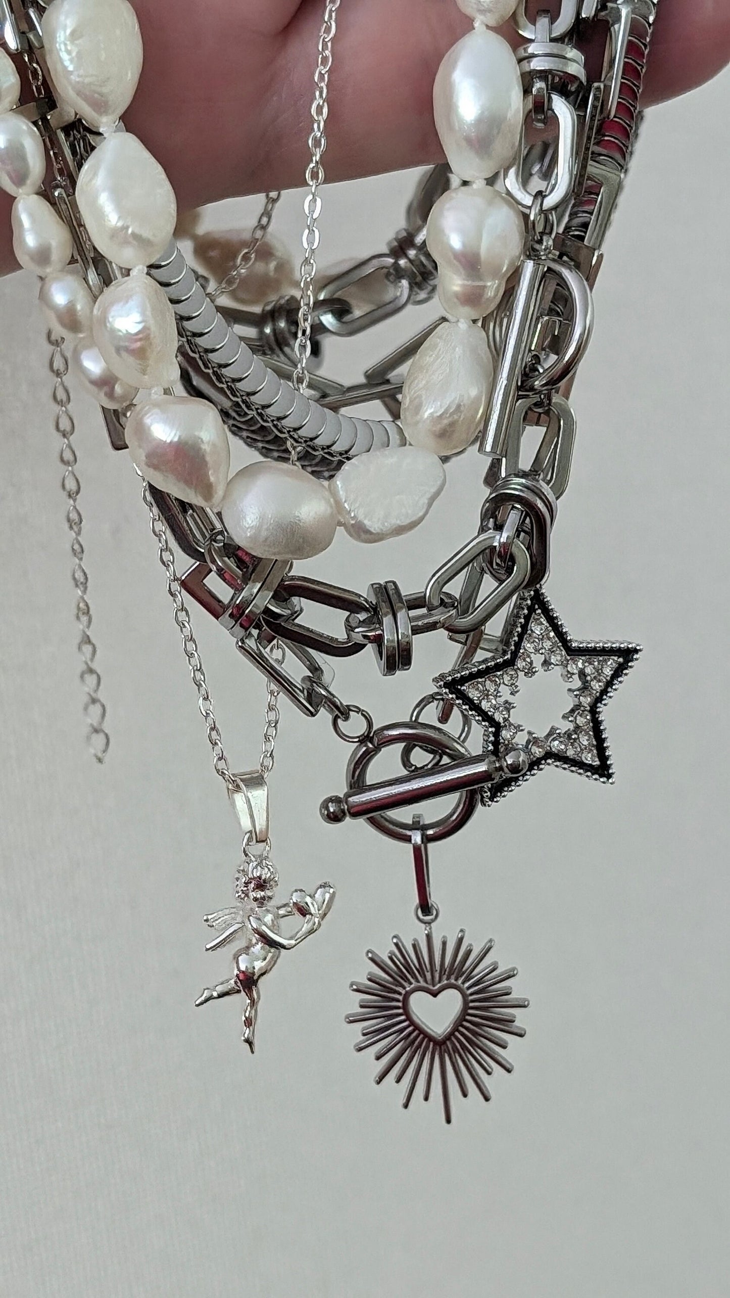 Half pearl half chain silver necklace with star charm, stacked charm necklace set, boho layered  mixed chain choker, perfect gift for her