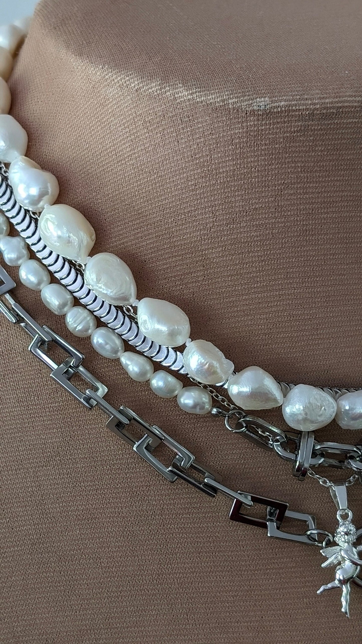 Half pearl half chain silver necklace with star charm, stacked charm necklace set, boho layered  mixed chain choker, perfect gift for her