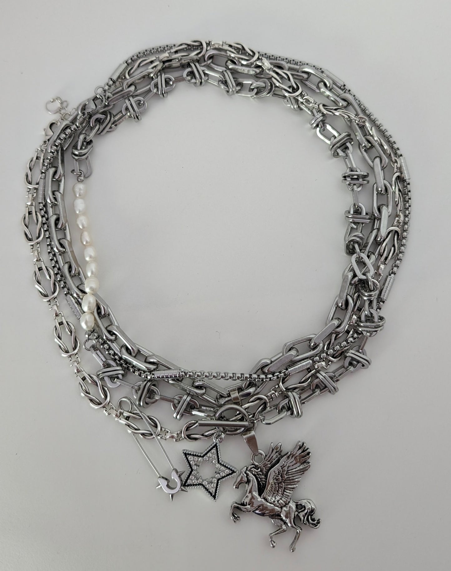 Chunky multi layer silver charm necklace for women in stainless steel,  Boho stacked pegasus pendant necklace set, edgy barbed wire choker