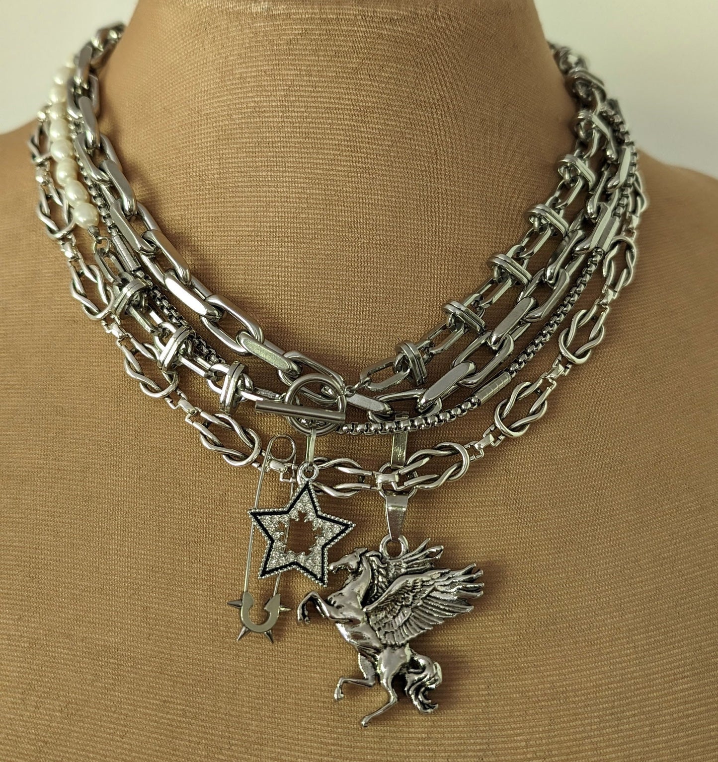 Chunky multi layer silver charm necklace for women in stainless steel,  Boho stacked pegasus pendant necklace set, edgy barbed wire choker