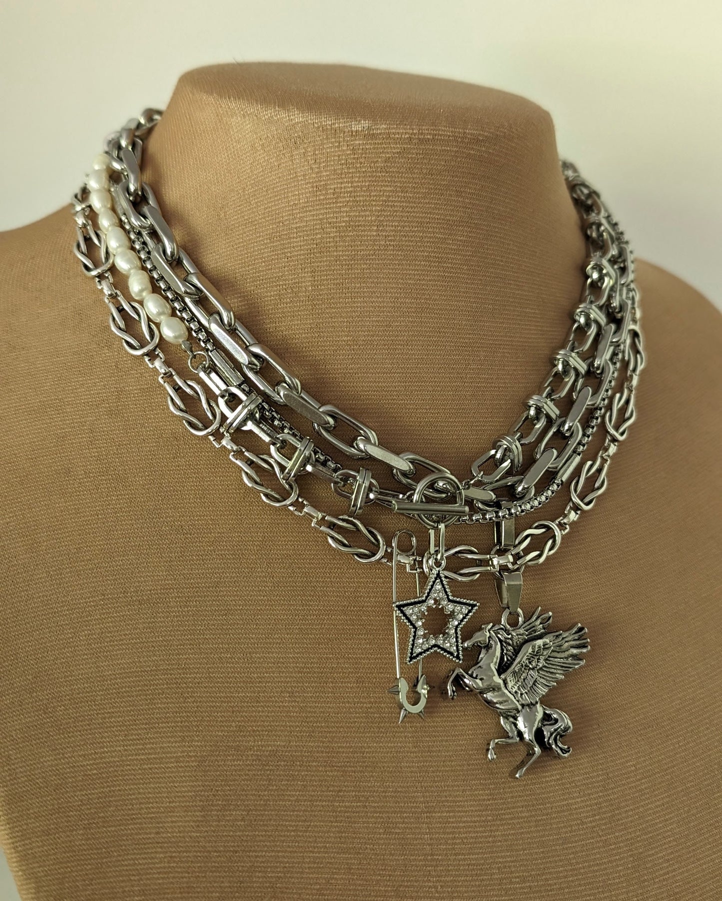 Chunky multi layer silver charm necklace for women in stainless steel,  Boho stacked pegasus pendant necklace set, edgy barbed wire choker