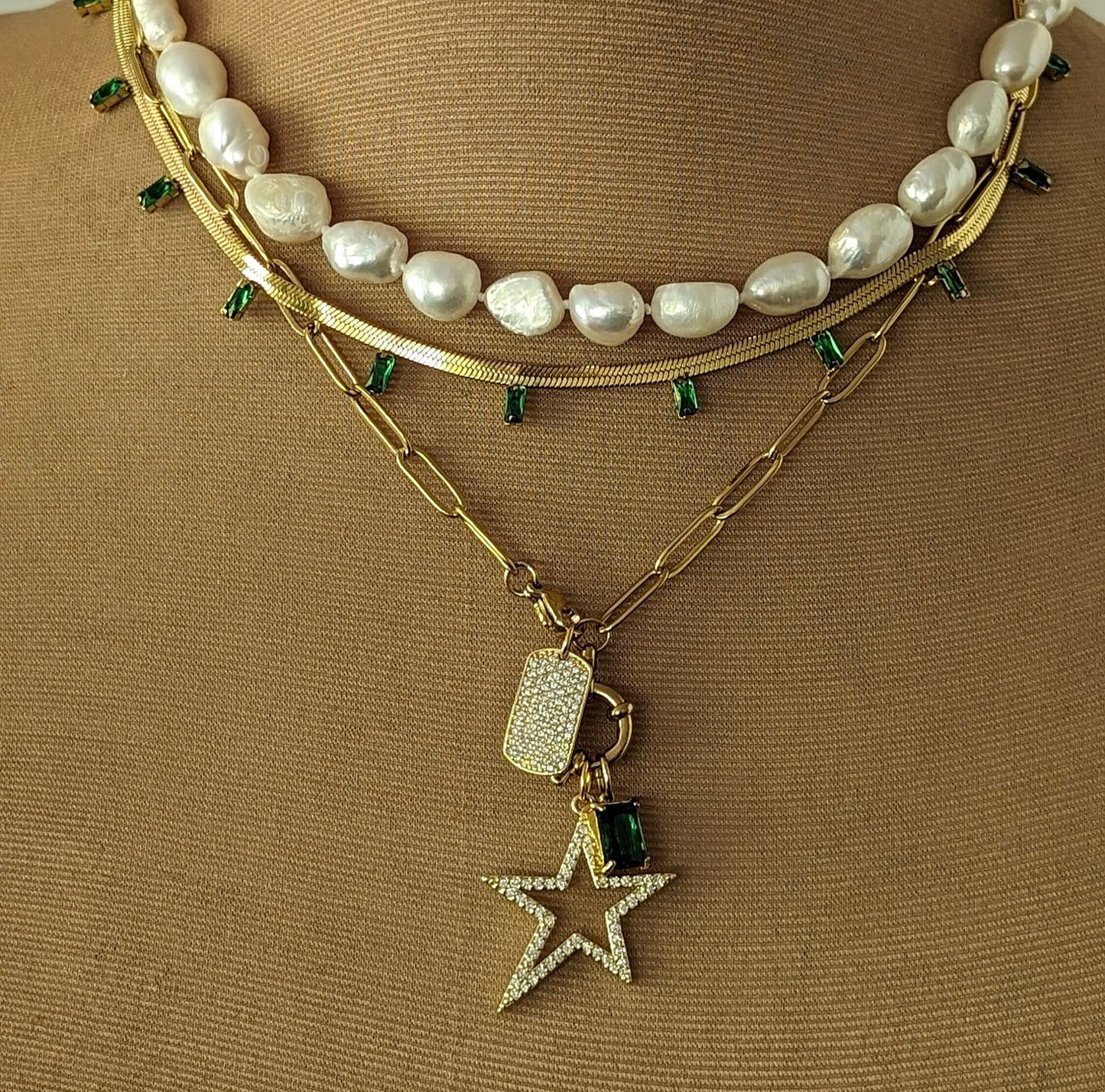 Freshwater pearl and gold multi layer minimalist necklace, boho paperclip 14K gold plated star necklace for women, mixed gold chain jewelry