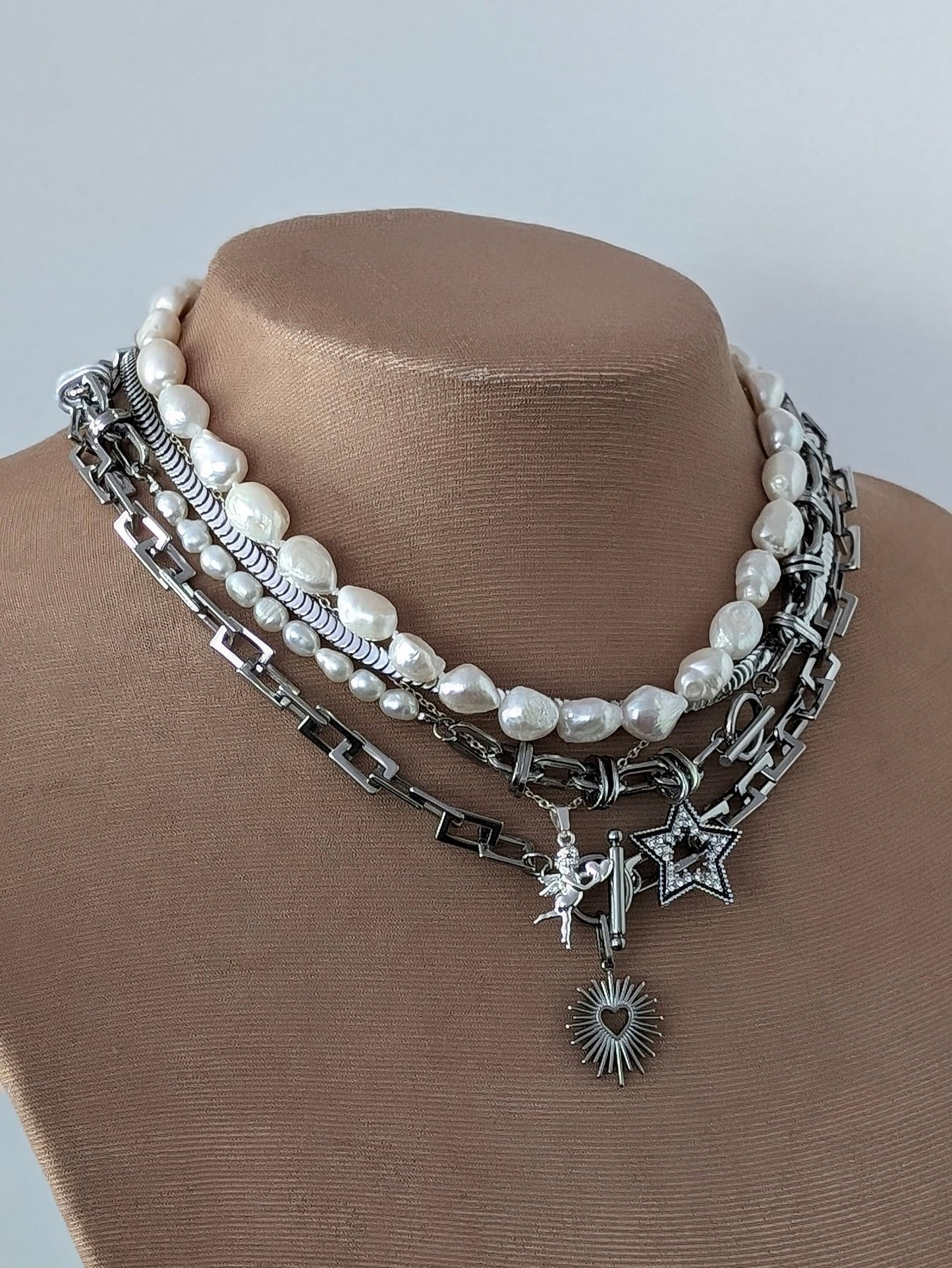 Half pearl half chain silver necklace with star charm, stacked charm necklace set, boho layered  mixed chain choker, perfect gift for her