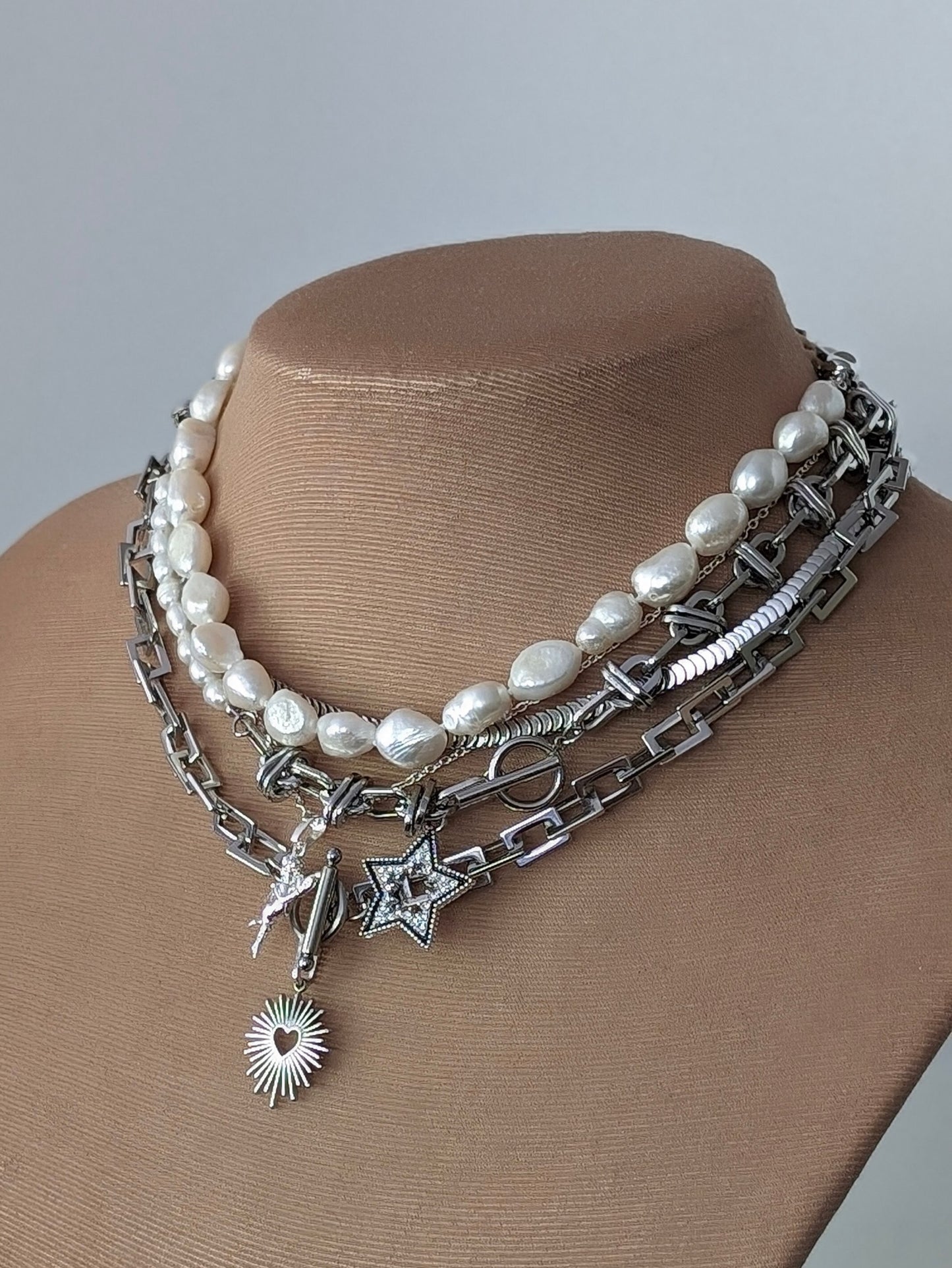 Half pearl half chain silver necklace with star charm, stacked charm necklace set, boho layered  mixed chain choker, perfect gift for her