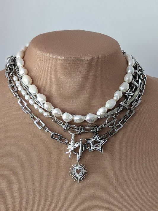 Half pearl half chain silver necklace with star charm, stacked charm necklace set, boho layered  mixed chain choker, perfect gift for her