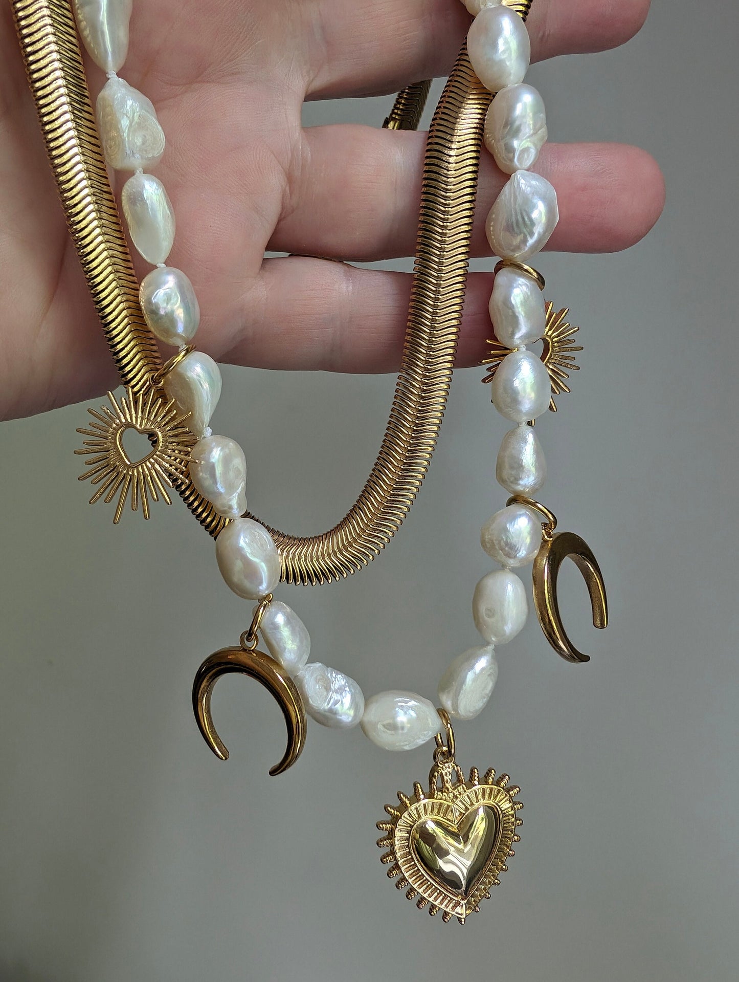 Boho baroque pearl necklace with Sacred Heart pendant, gold crescent moon charm necklace set, gold and pearl statement choker, bold jewelry