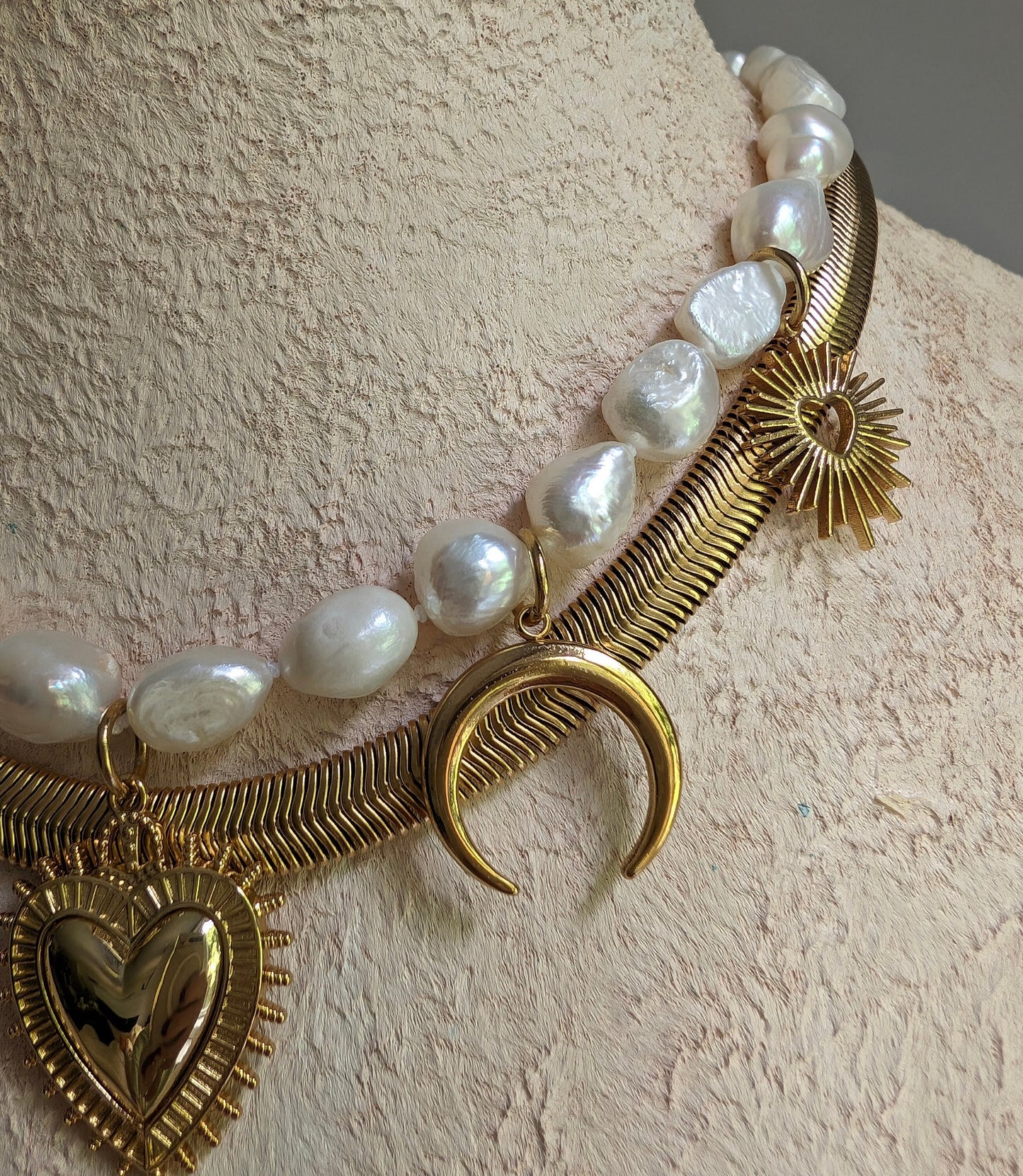 Boho baroque pearl necklace with Sacred Heart pendant, gold crescent moon charm necklace set, gold and pearl statement choker, bold jewelry