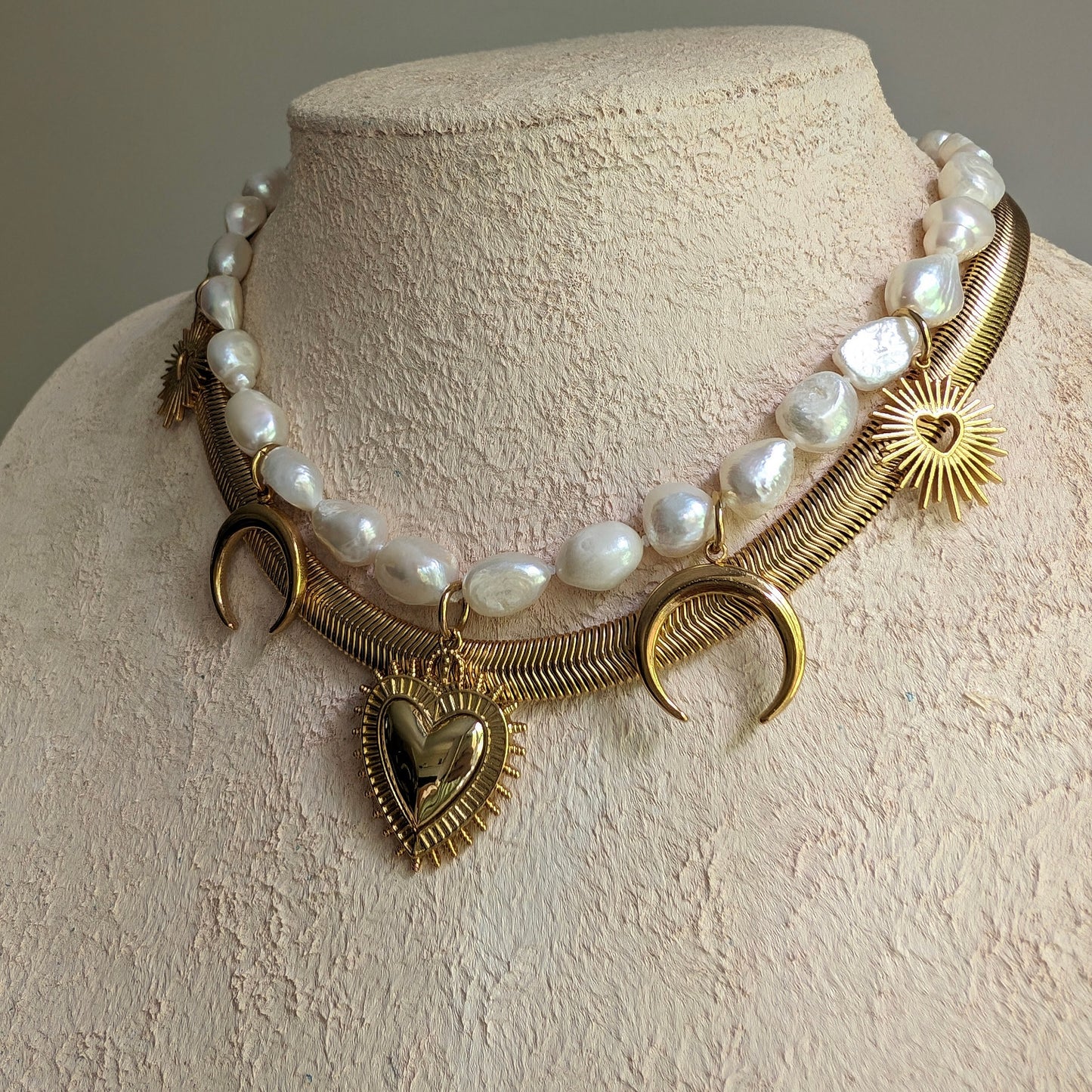 Boho baroque pearl necklace with Sacred Heart pendant, gold crescent moon charm necklace set, gold and pearl statement choker, bold jewelry