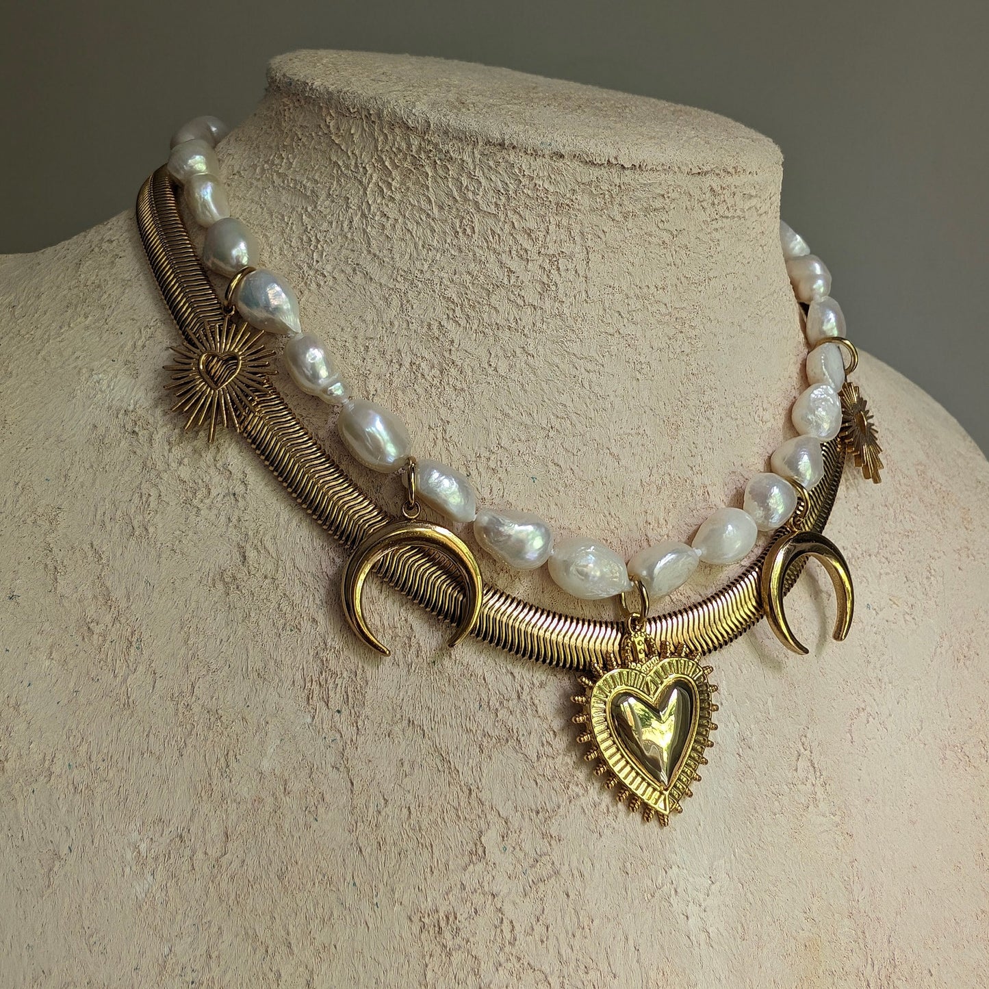 Boho baroque pearl necklace with Sacred Heart pendant, gold crescent moon charm necklace set, gold and pearl statement choker, bold jewelry