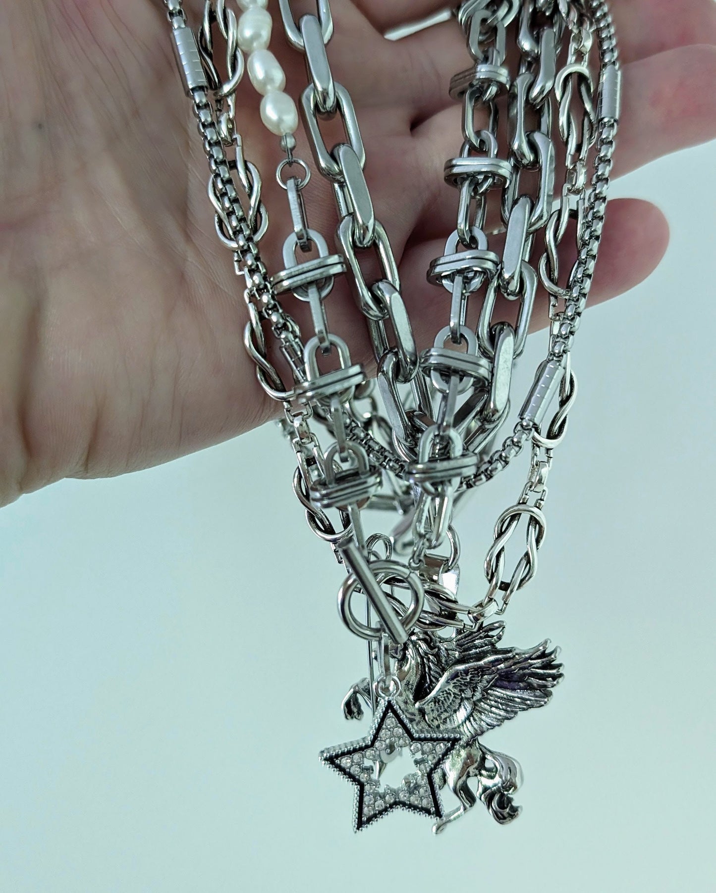 Chunky multi layer silver charm necklace for women in stainless steel,  Boho stacked pegasus pendant necklace set, edgy barbed wire choker