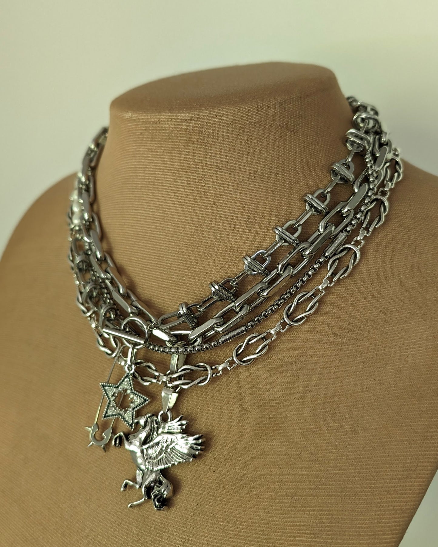 Chunky multi layer silver charm necklace for women in stainless steel,  Boho stacked pegasus pendant necklace set, edgy barbed wire choker