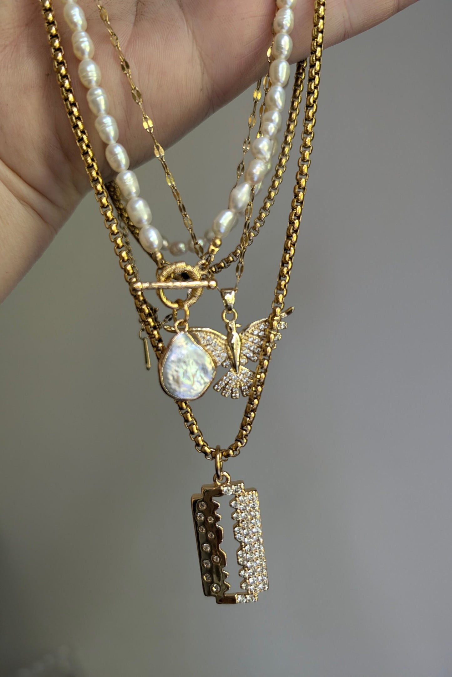Boho freshwater pearl and gold pendant necklace stacked set, diamond phoenix pendant necklace, razorblade pave pendant, perfect gift for her