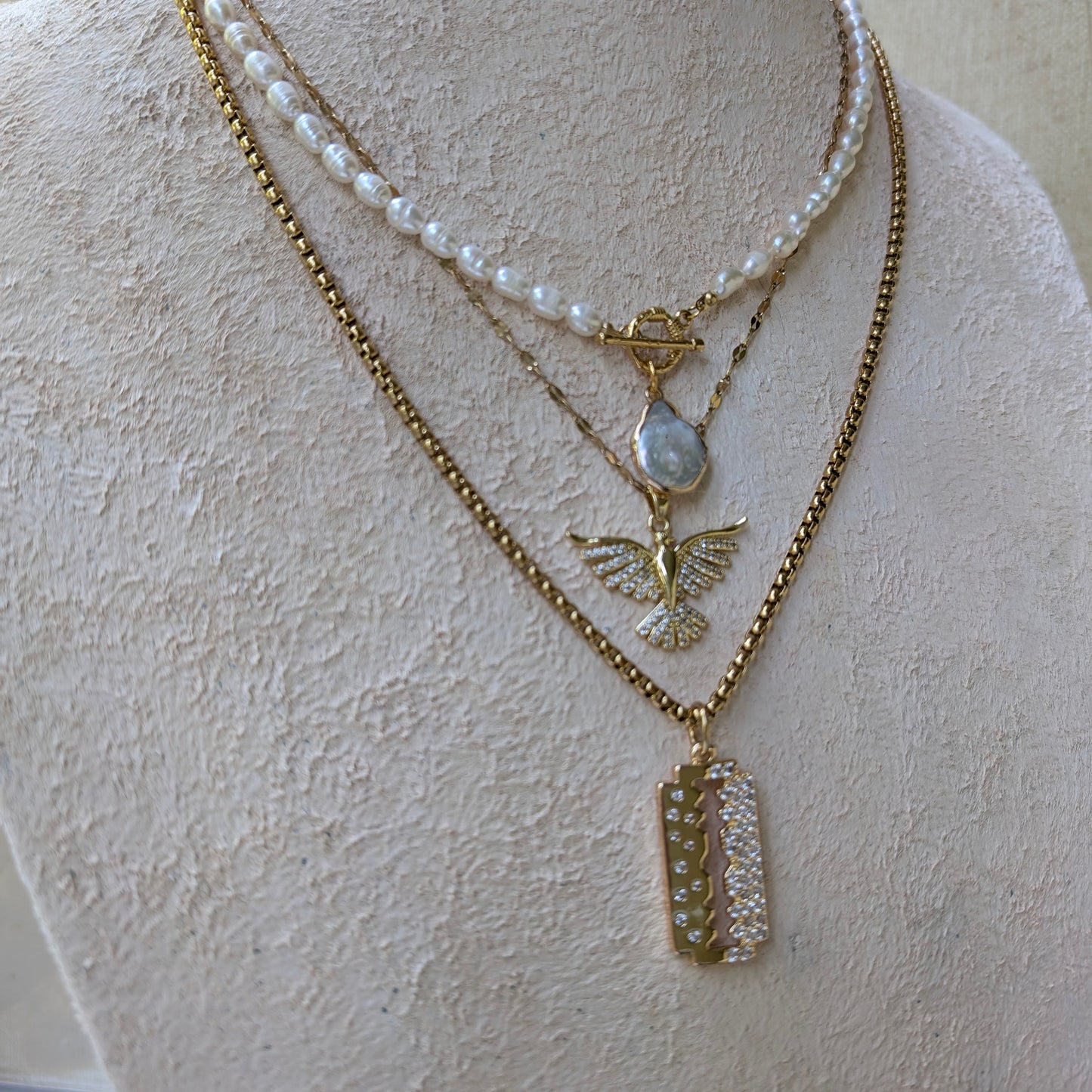 Boho freshwater pearl and gold pendant necklace stacked set, diamond phoenix pendant necklace, razorblade pave pendant, perfect gift for her