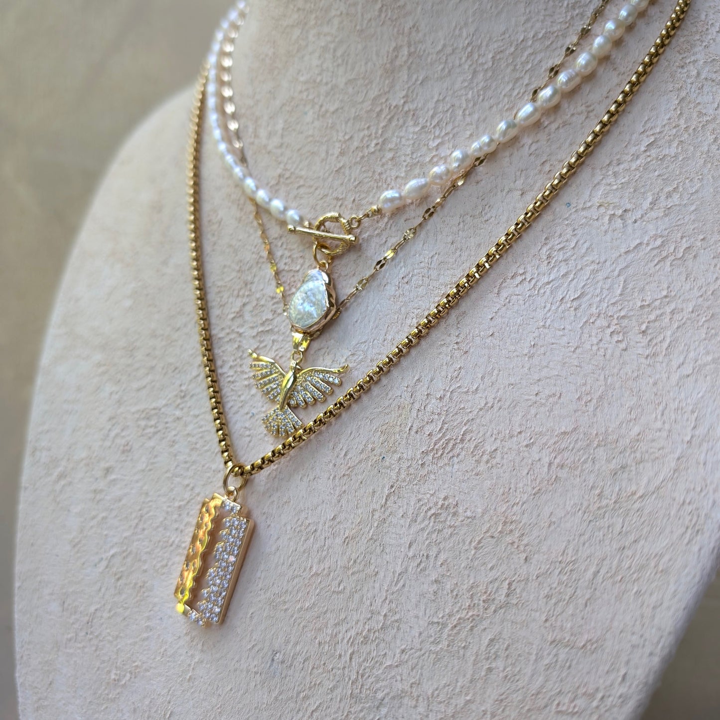 Boho freshwater pearl and gold pendant necklace stacked set, diamond phoenix pendant necklace, razorblade pave pendant, perfect gift for her