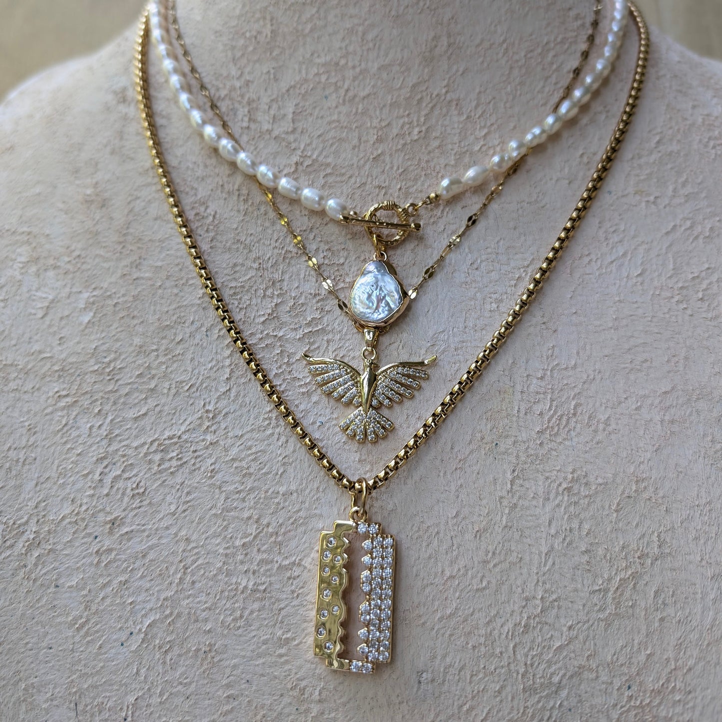 Boho freshwater pearl and gold pendant necklace stacked set, diamond phoenix pendant necklace, razorblade pave pendant, perfect gift for her