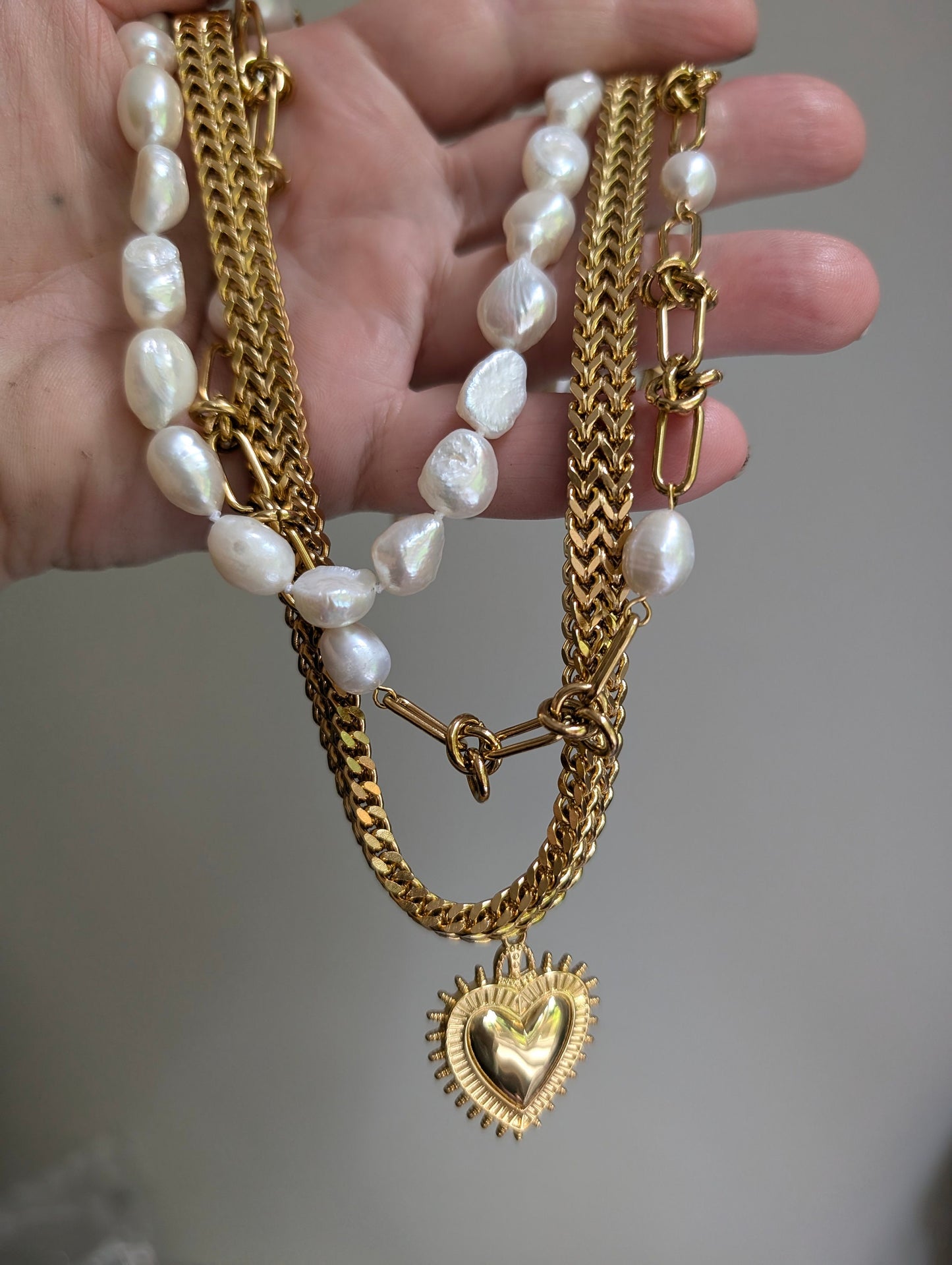 Sacred Heart Boho Chunky Gold Necklace paired with Baroque Pearl Statement Choker