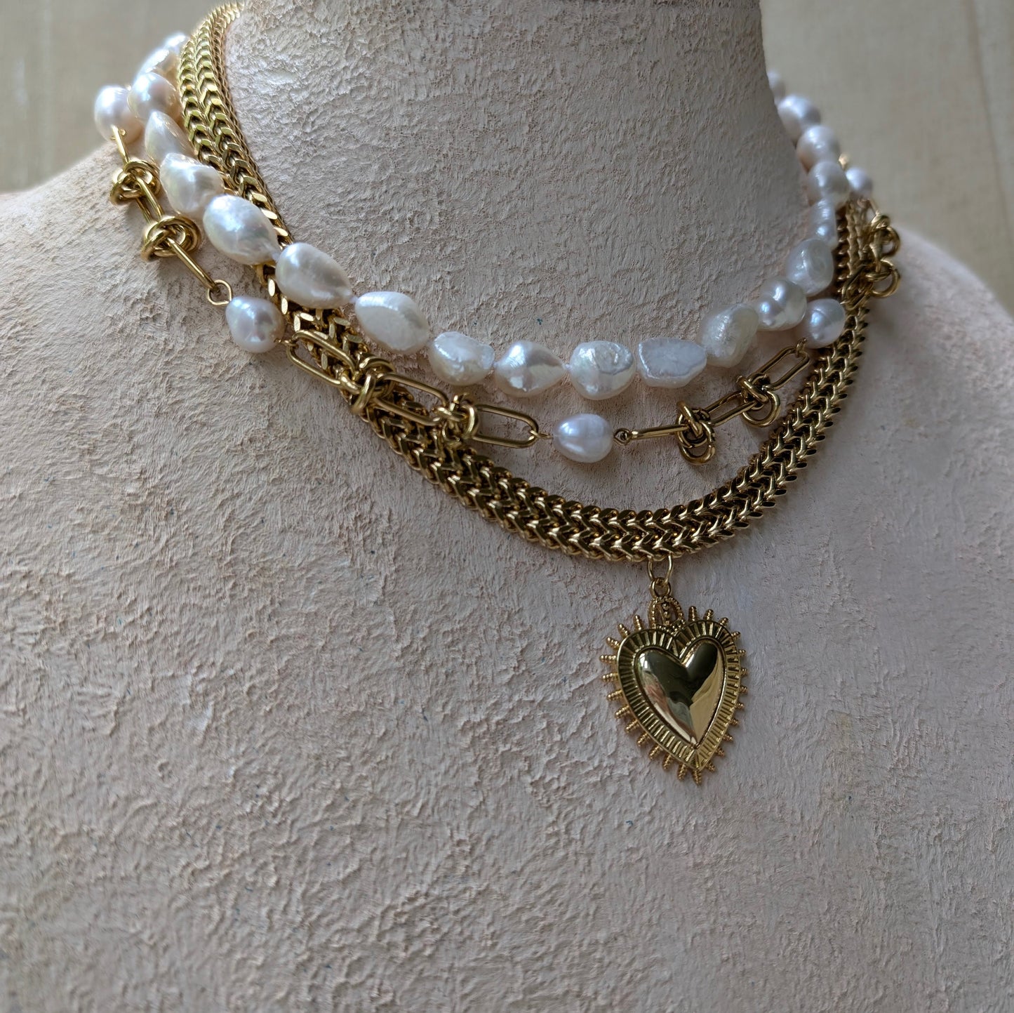 Sacred Heart Boho Chunky Gold Necklace paired with Baroque Pearl Statement Choker