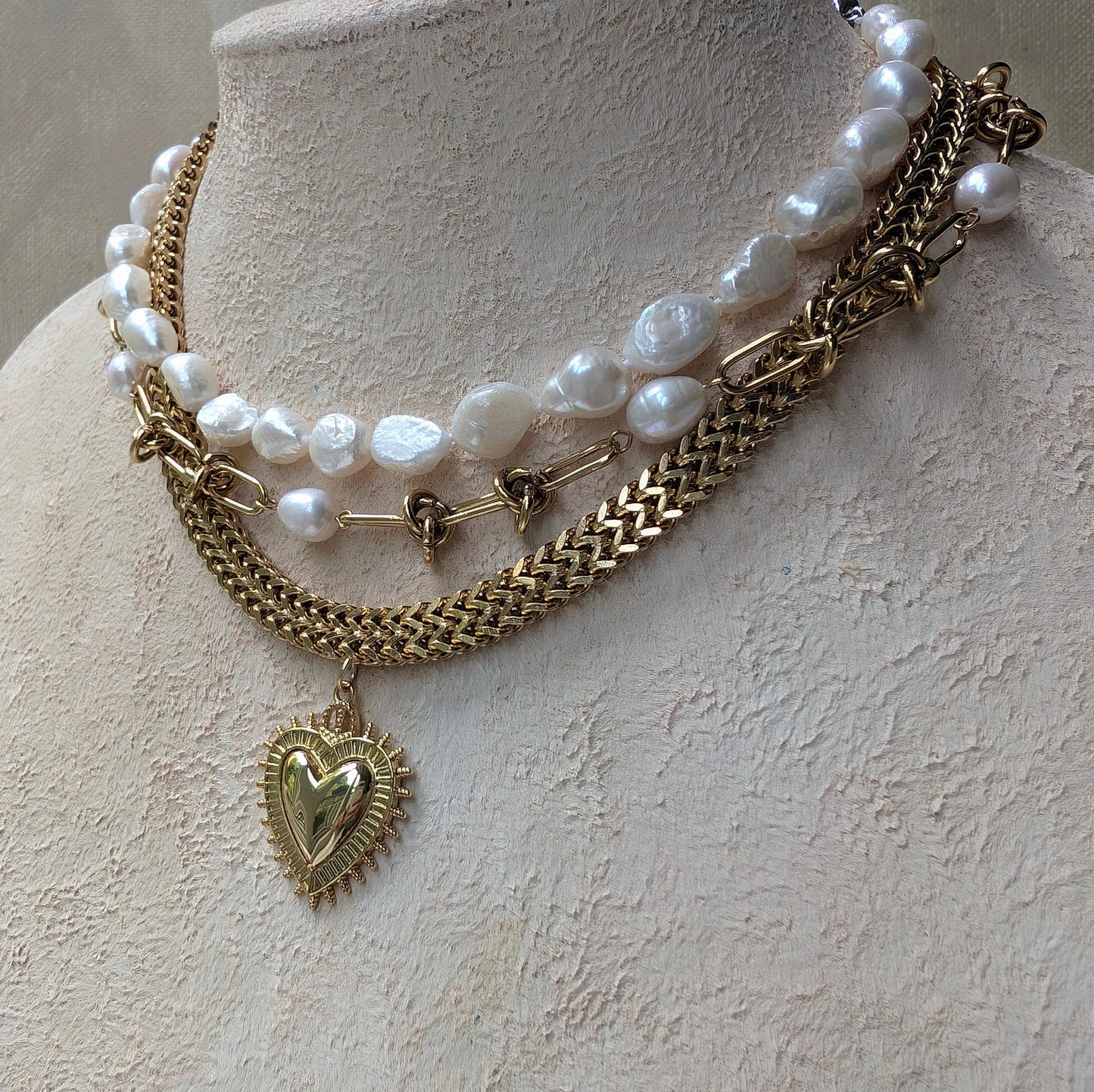 Sacred Heart Boho Chunky Gold Necklace paired with Baroque Pearl Statement Choker