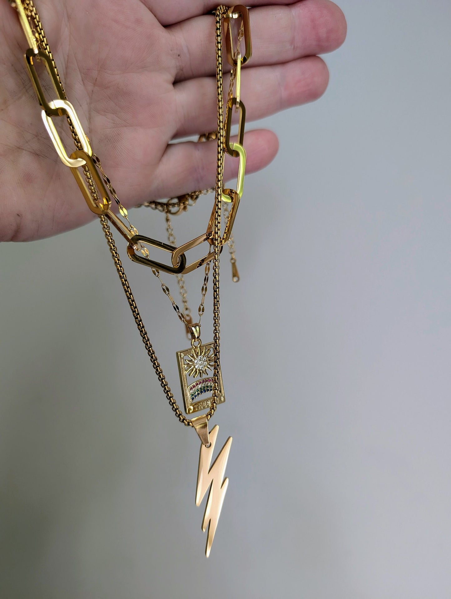 Layered gold chain pendant necklace set, thunderbolt charm, boho multi layer necklace, 14K gold sunshine pendant, chunky link chain choker