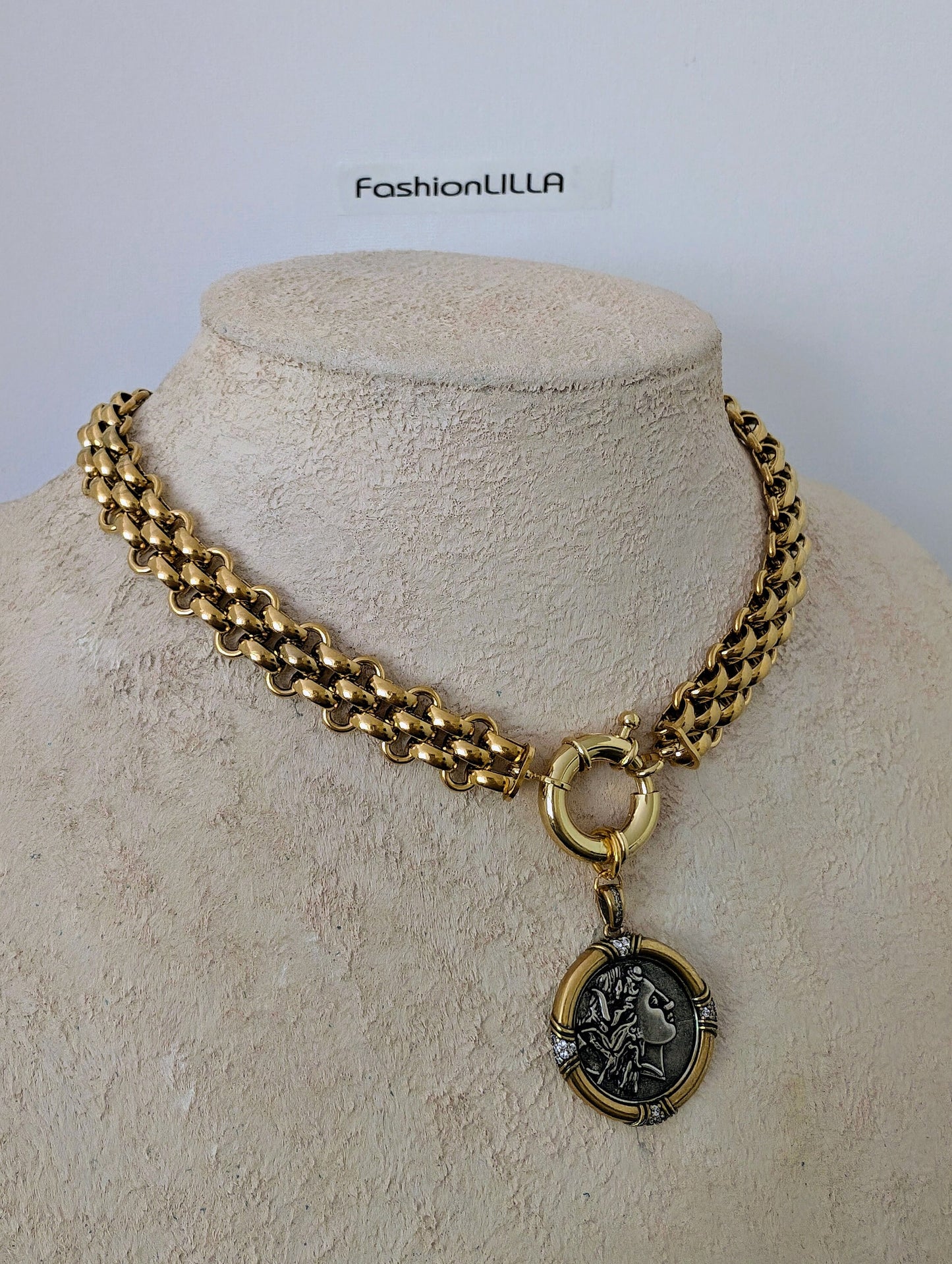 Greek Coin Pendant Necklace on Chunky Gold Chain Choker