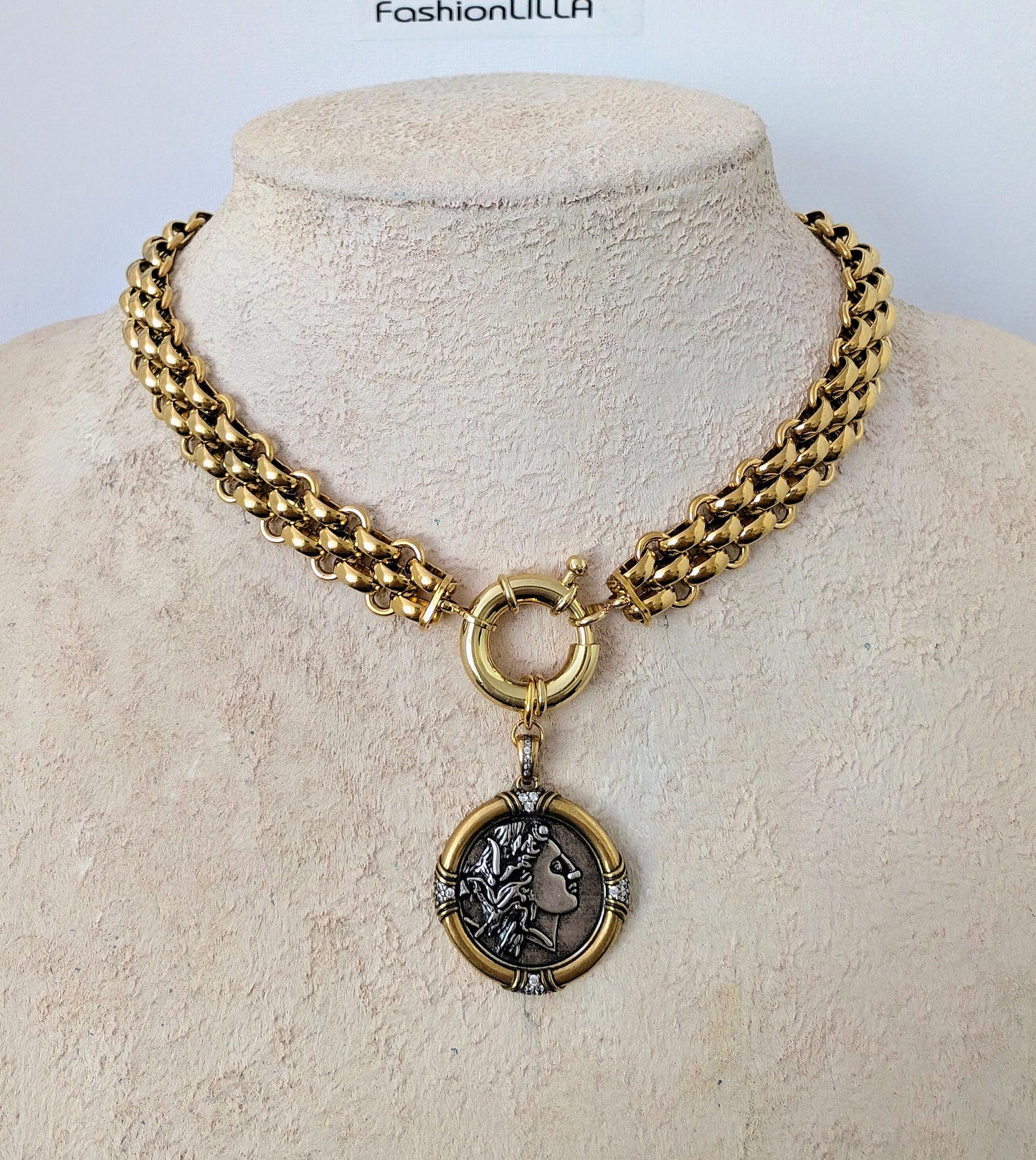 Greek Coin Pendant Necklace on Chunky Gold Chain Choker