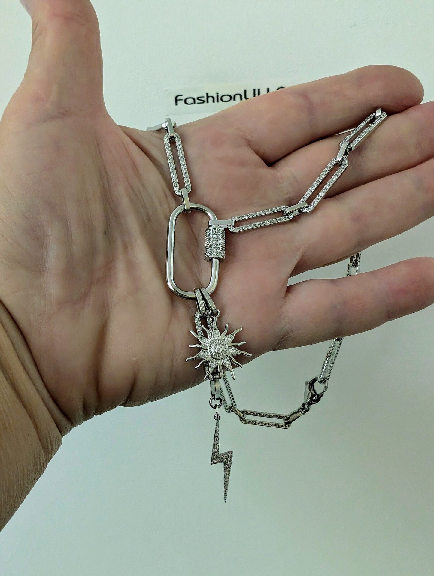 Diamond link chain carabiner clasp necklace with charms