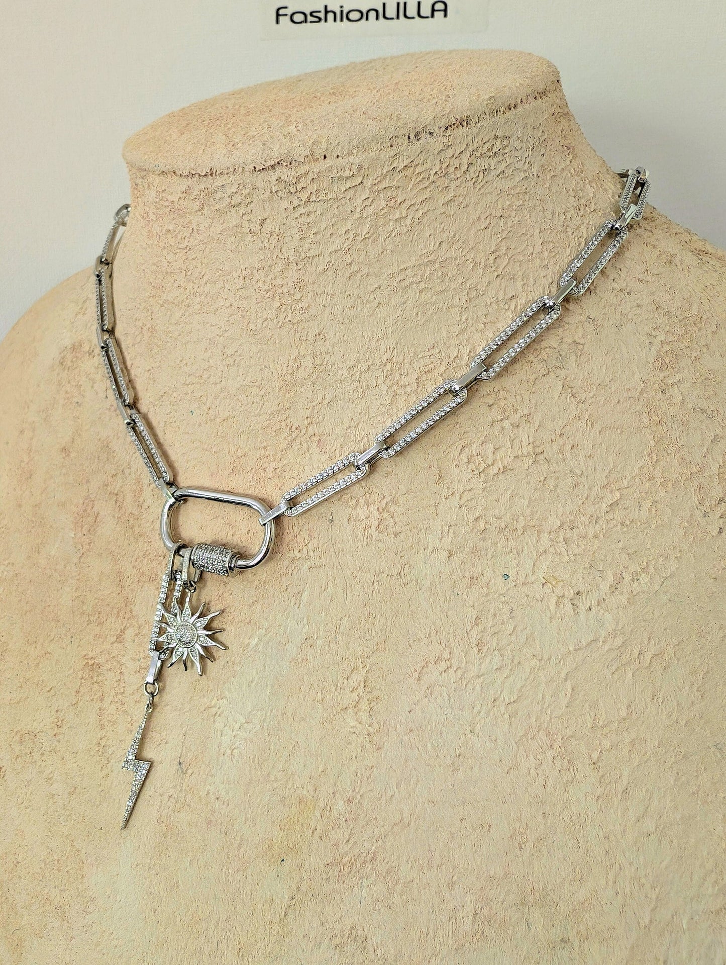 Diamond link chain carabiner clasp necklace with charms