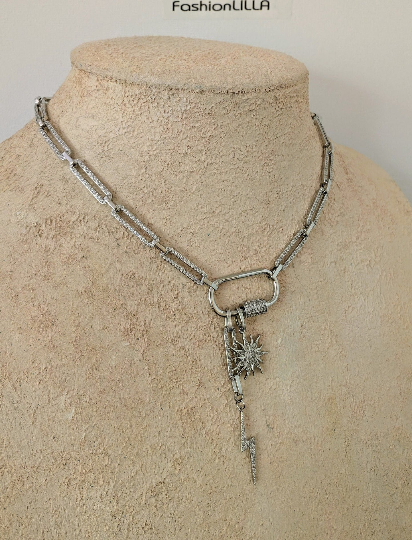 Diamond link chain carabiner clasp necklace with charms