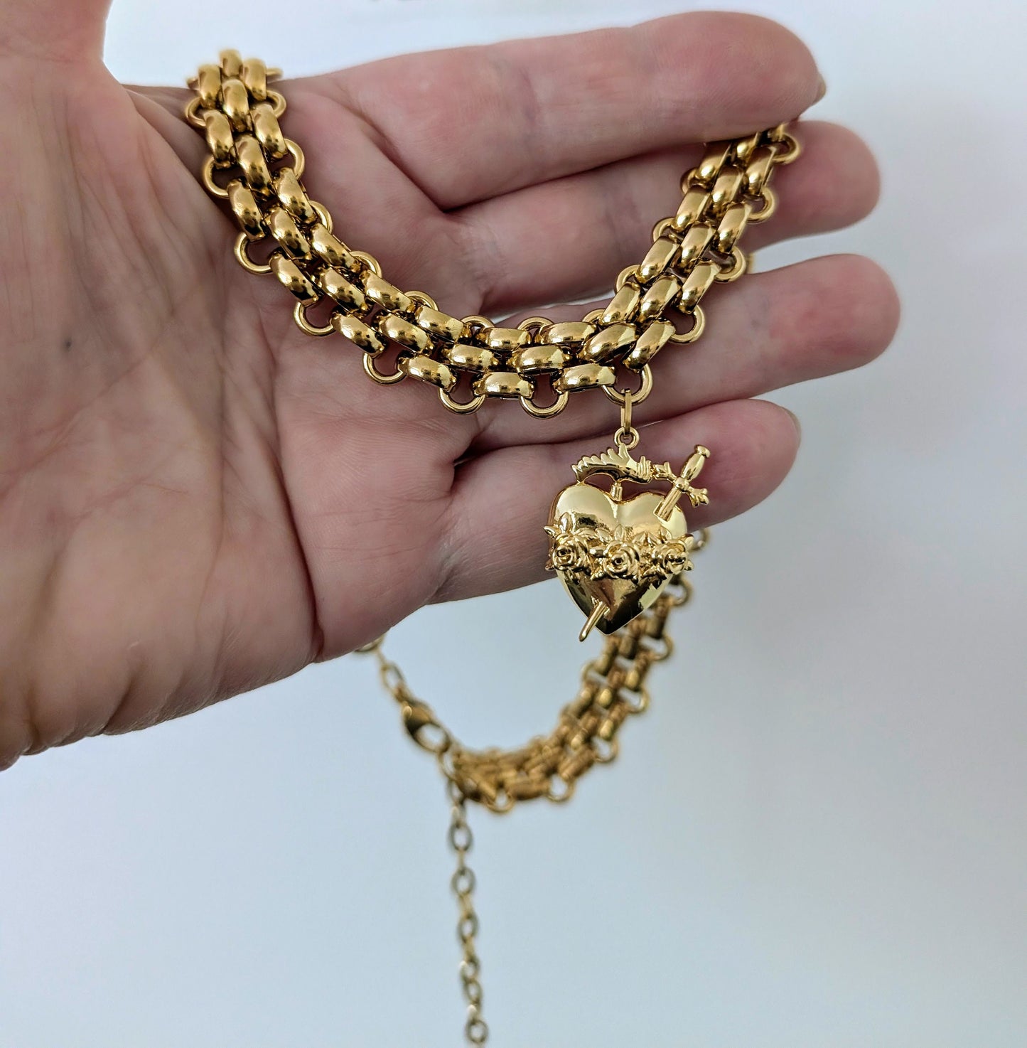 Chunky gold heart and sword necklace, thick chain sacred heart choker, immaculate heart boho statement necklace, Catholic gift for her