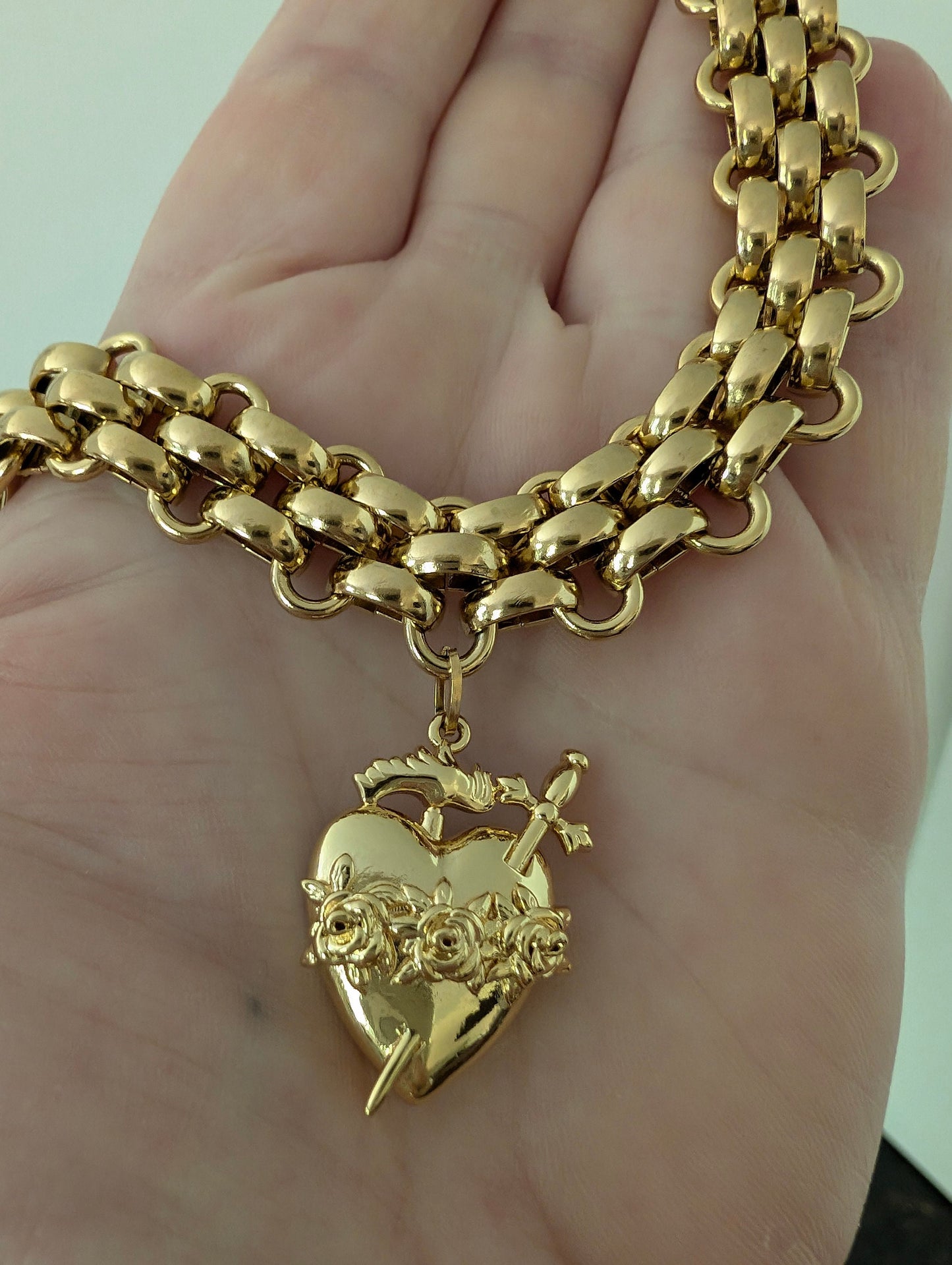 Chunky gold heart and sword necklace, thick chain sacred heart choker, immaculate heart boho statement necklace, Catholic gift for her