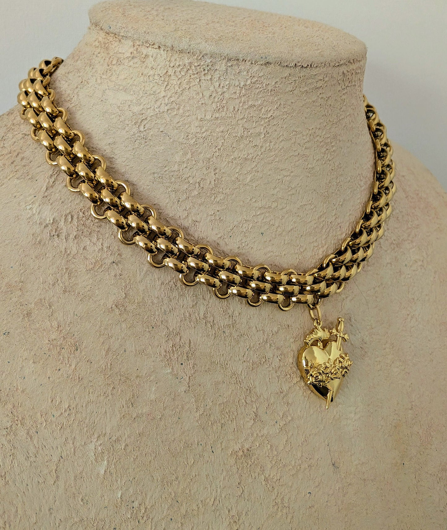 Chunky gold heart and sword necklace, thick chain sacred heart choker, immaculate heart boho statement necklace, Catholic gift for her