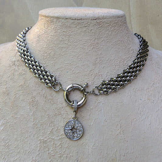 Chunky silver pendant necklace,  wide link chain layering choker, boho statement diamond star charm choker, thick chain spring clasp collier