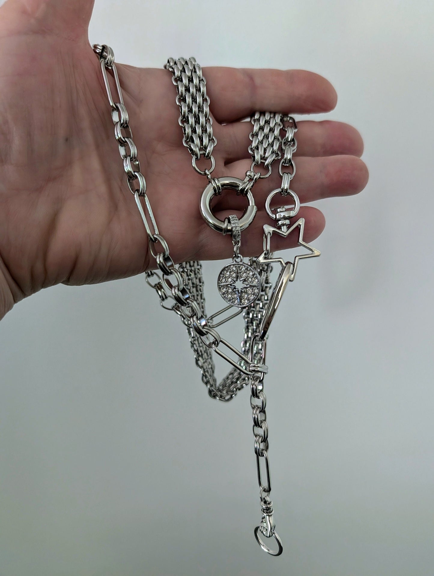 Chunky silver chain necklace, silver bold double clasp y lariat necklace, diamond coin pendant statement choker, boho chunky long necklace