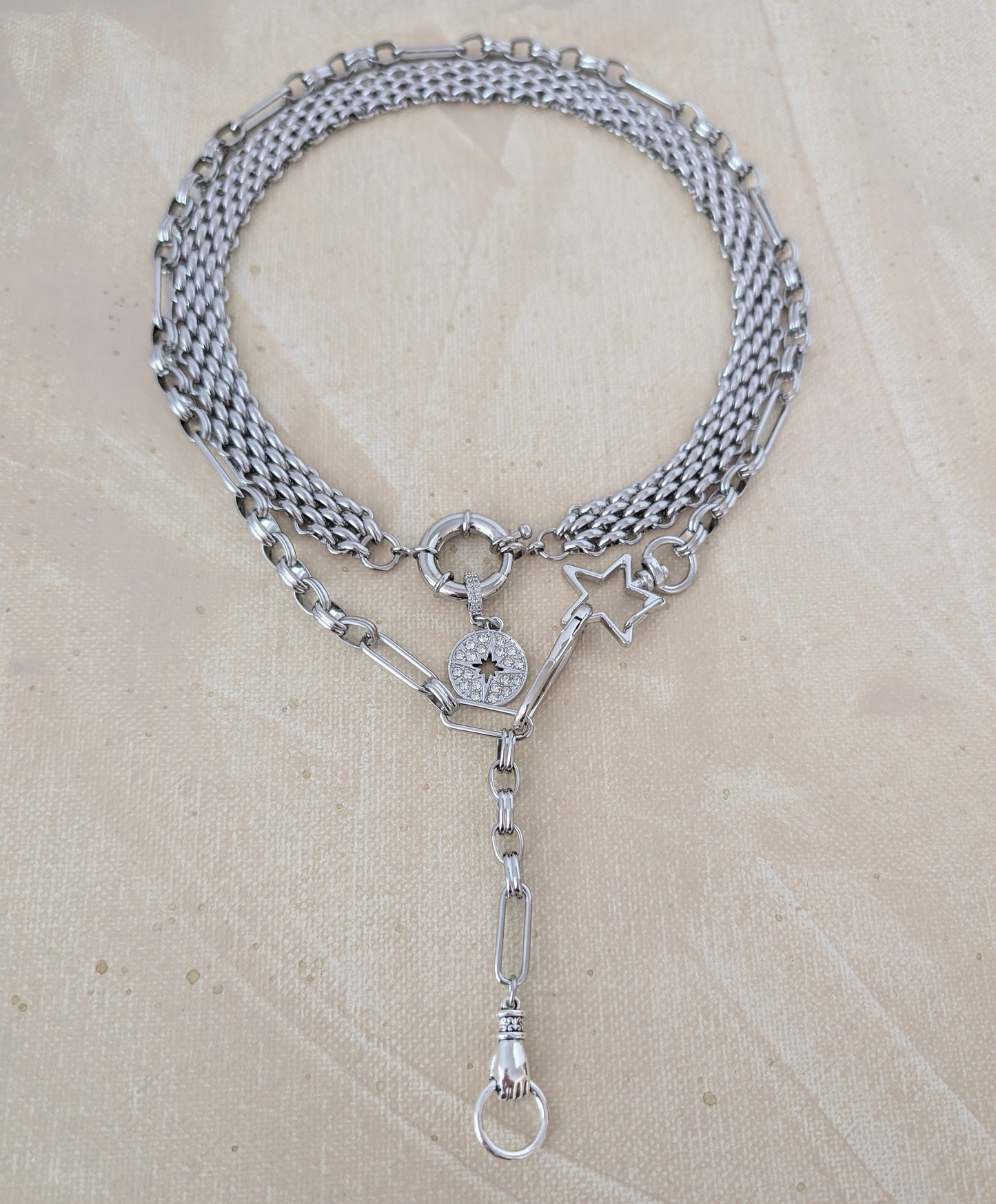 Chunky silver chain necklace, silver bold double clasp y lariat necklace, diamond coin pendant statement choker, boho chunky long necklace