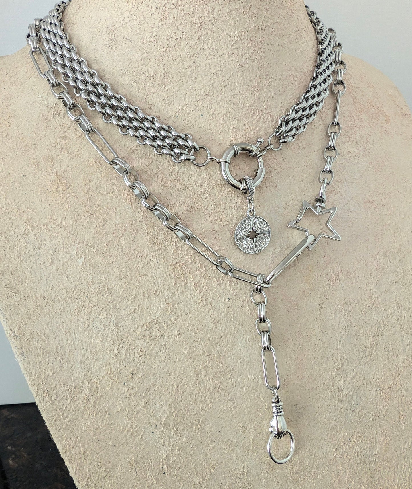 Chunky silver chain necklace, silver bold double clasp y lariat necklace, diamond coin pendant statement choker, boho chunky long necklace