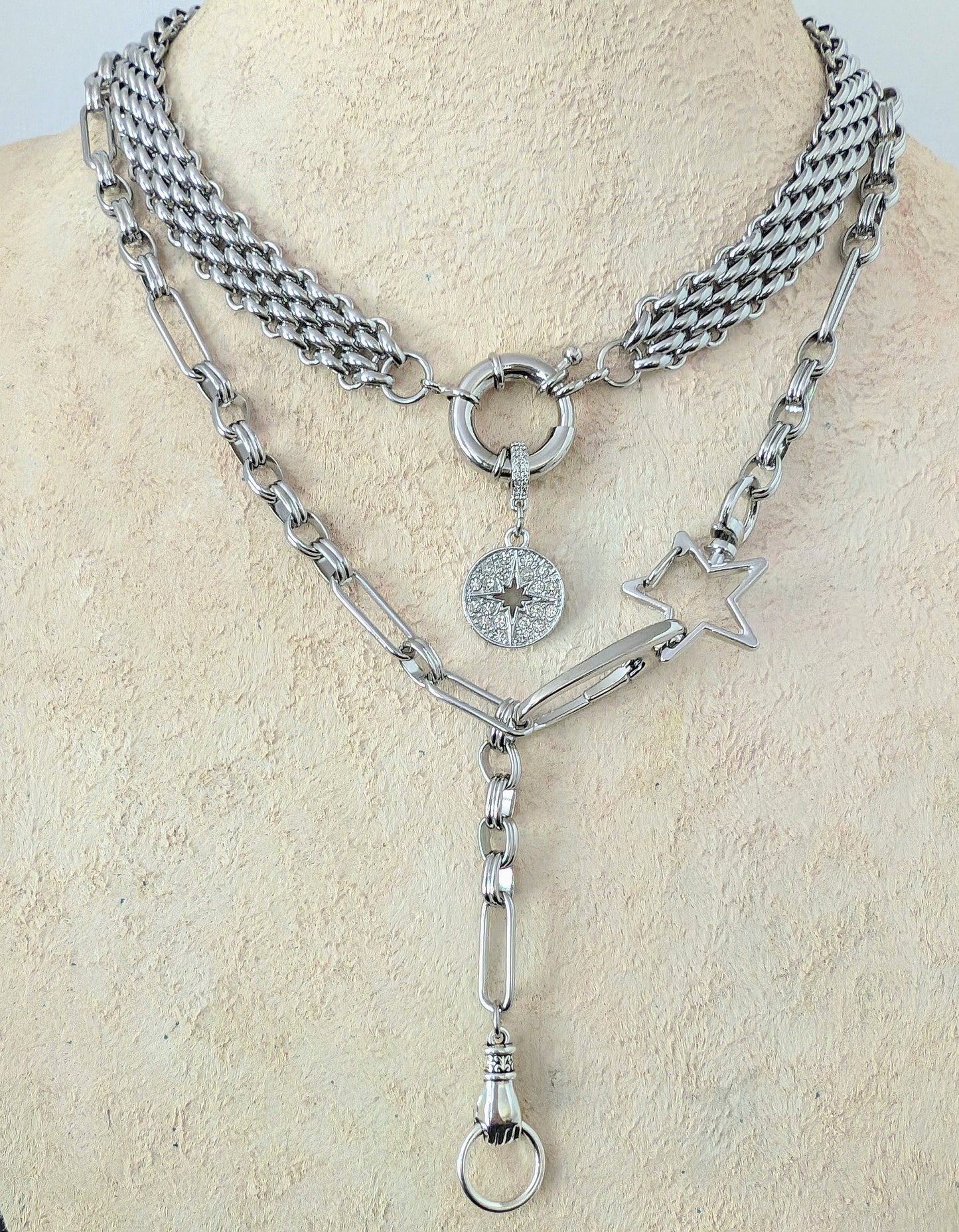 Chunky silver chain necklace, silver bold double clasp y lariat necklace, diamond coin pendant statement choker, boho chunky long necklace