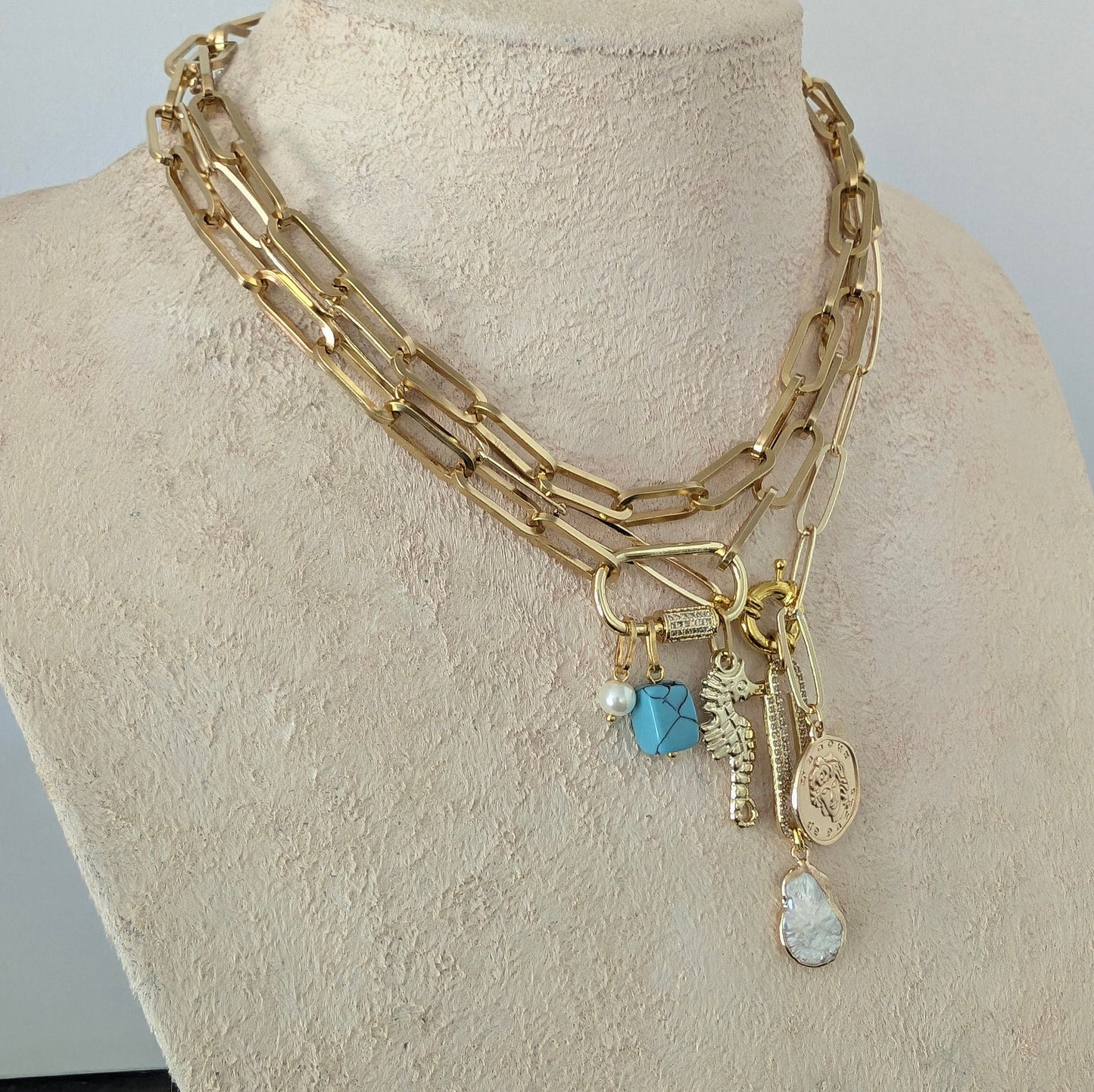 Gold paperclip chain coin charm necklace