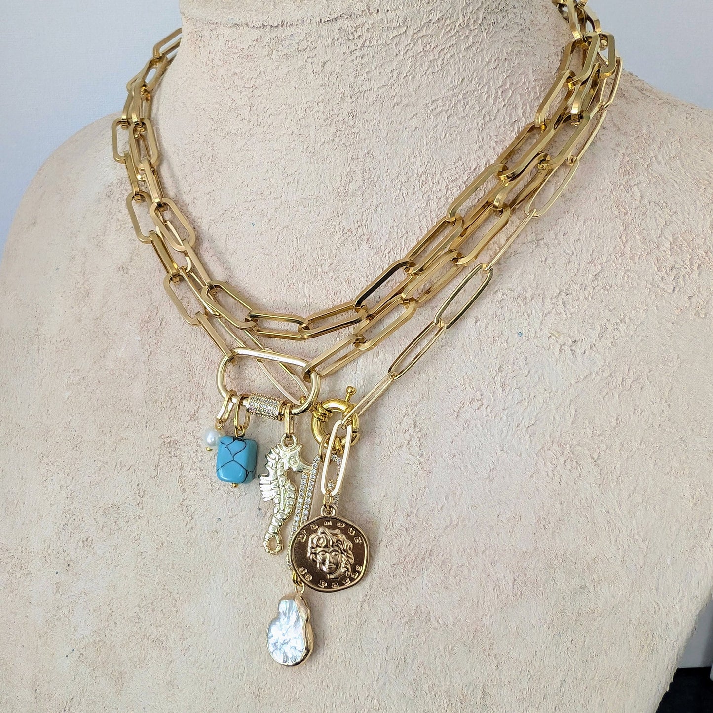 Gold paperclip chain coin charm necklace