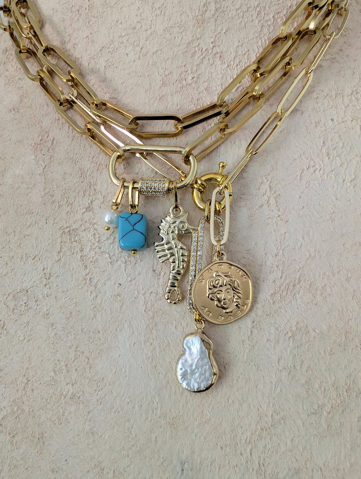 Gold paperclip chain coin charm necklace