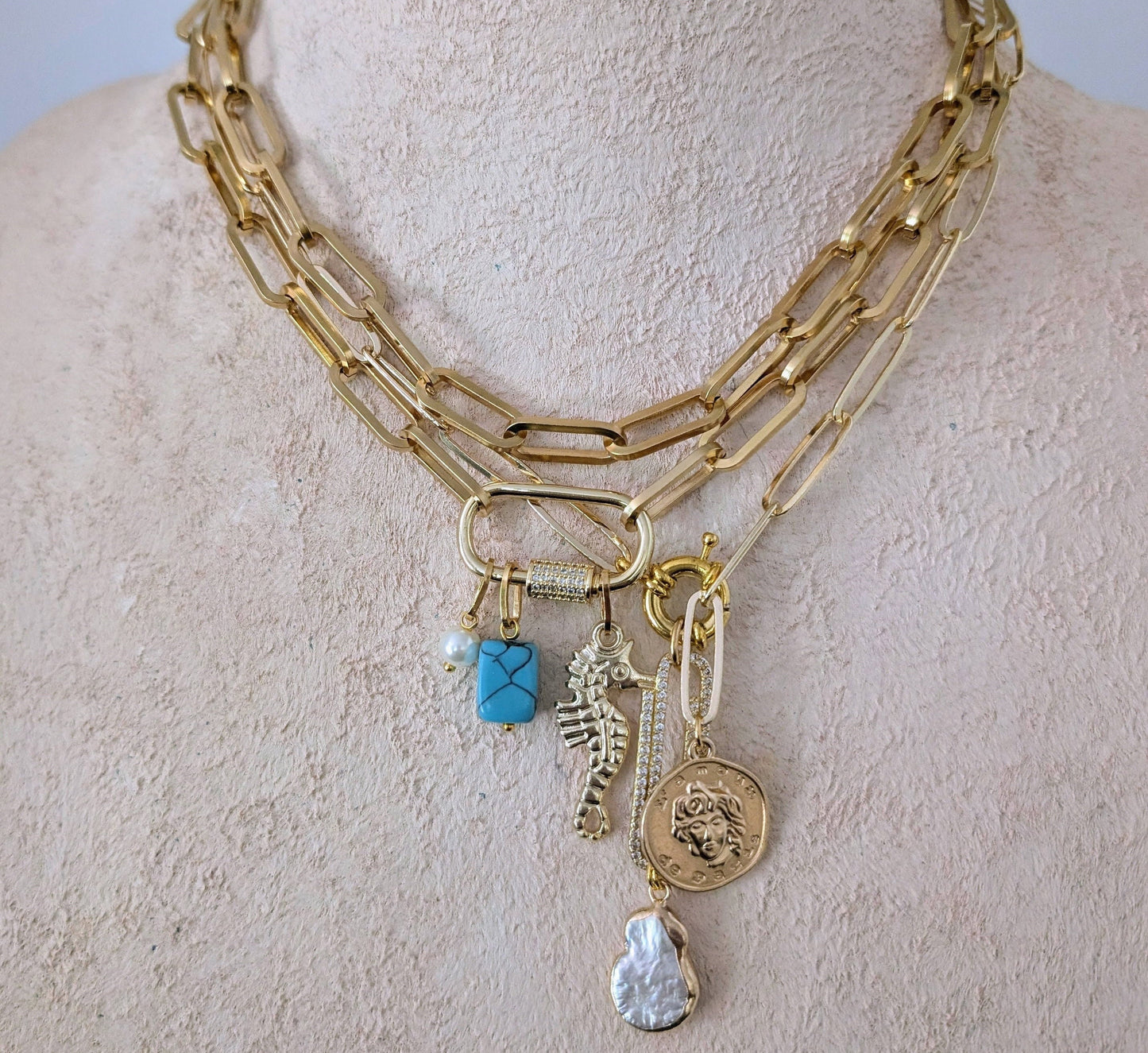 Gold paperclip chain coin charm necklace