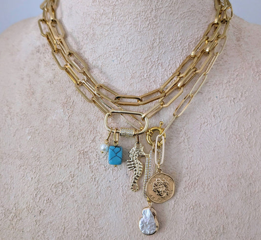 Gold paperclip chain coin charm necklace