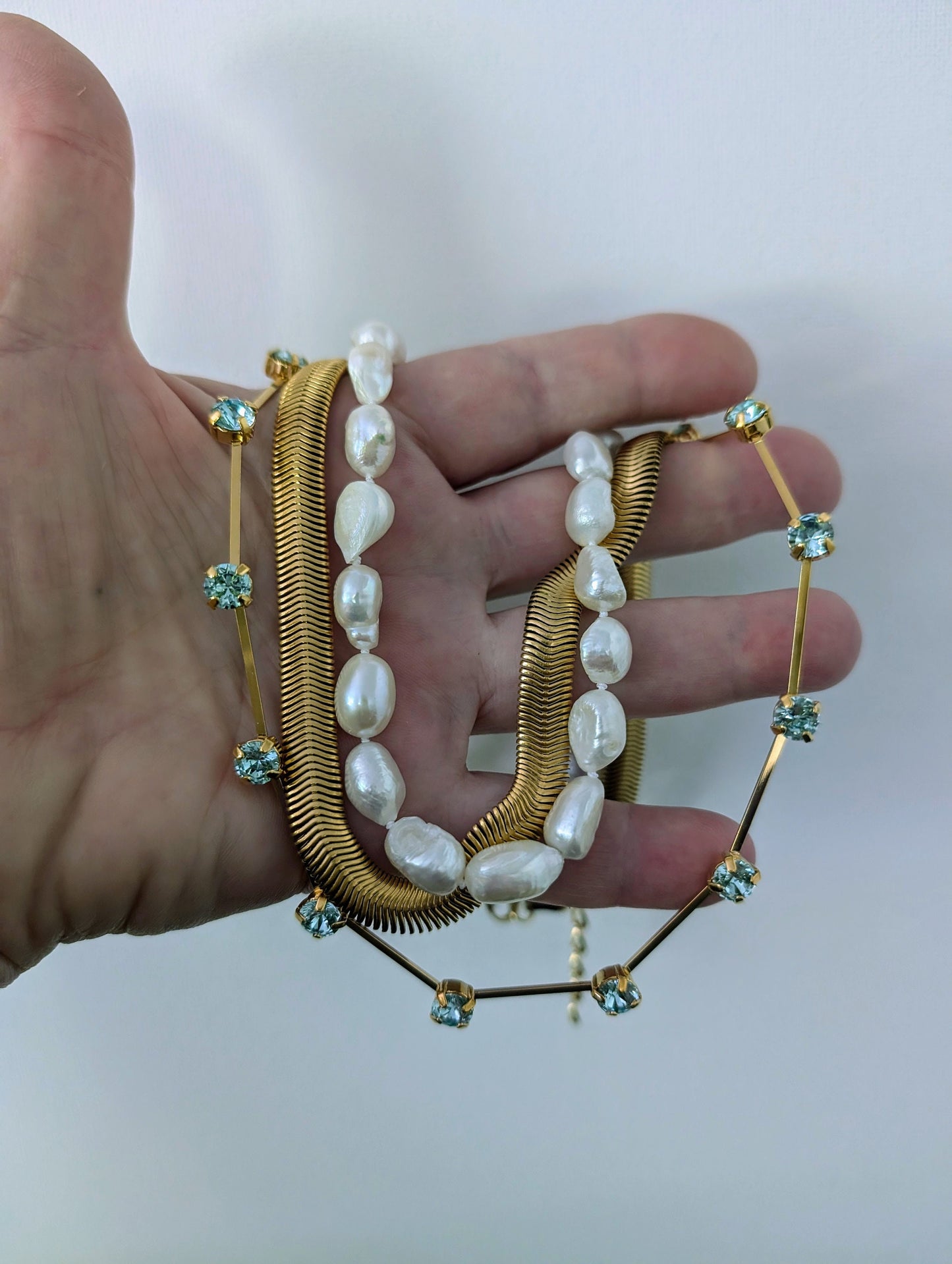 Baroque freshwater pearl choker necklace, pearl and aquamarine necklace set, 3 layer set, thick herringbone choker, dainty gold necklace