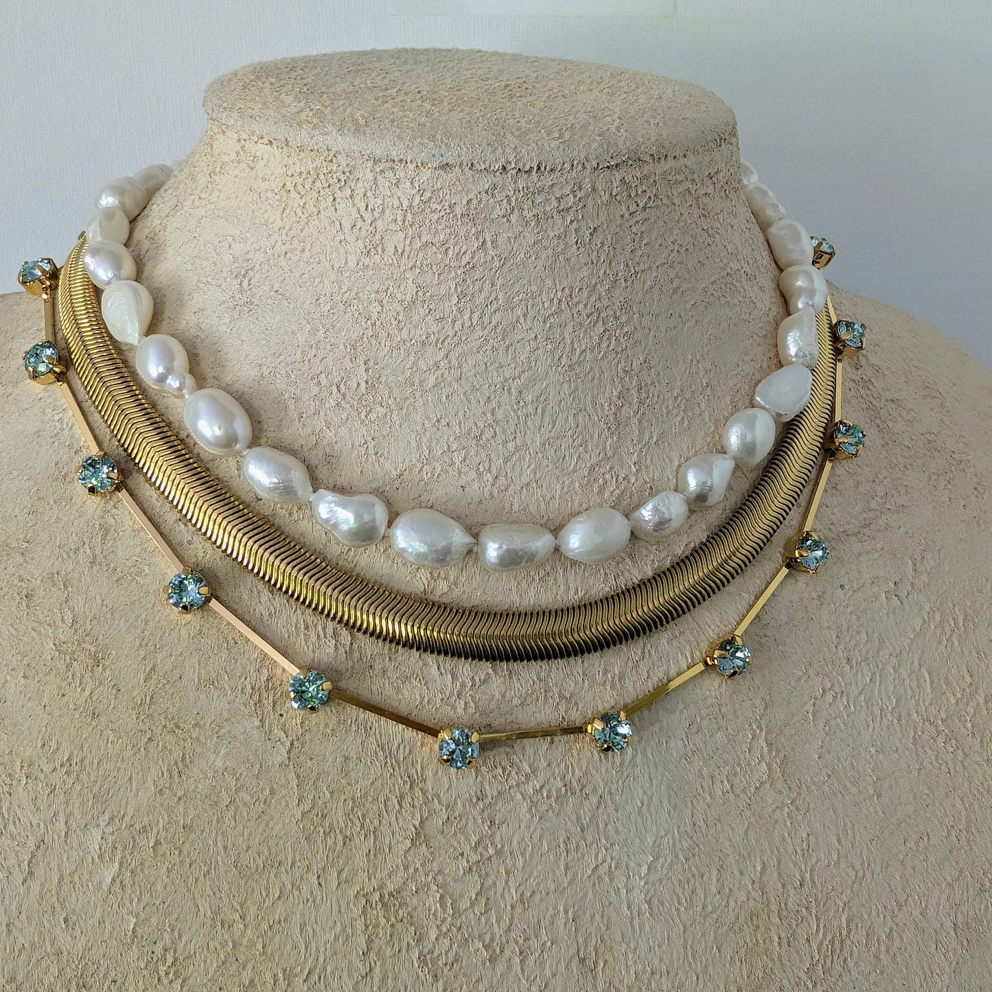 Baroque freshwater pearl choker necklace, pearl and aquamarine necklace set, 3 layer set, thick herringbone choker, dainty gold necklace