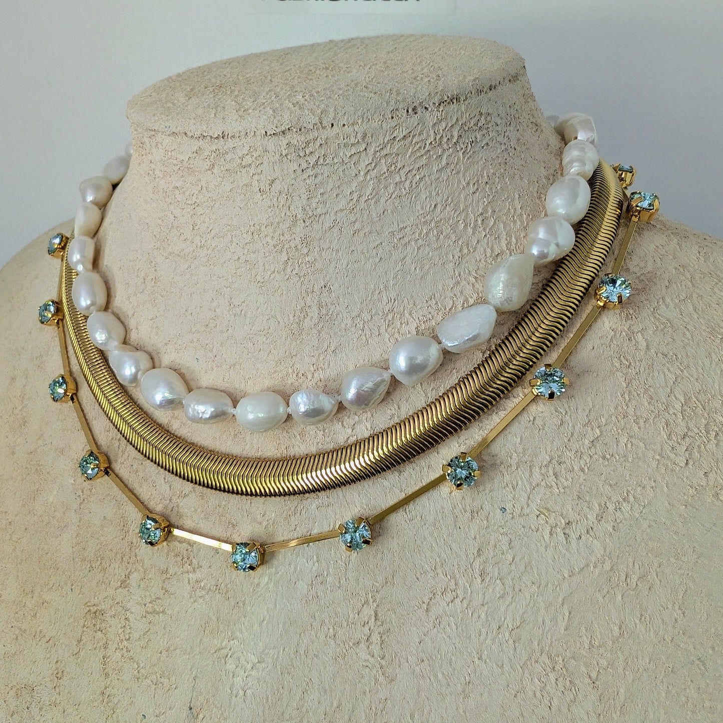 Baroque freshwater pearl choker necklace, pearl and aquamarine necklace set, 3 layer set, thick herringbone choker, dainty gold necklace
