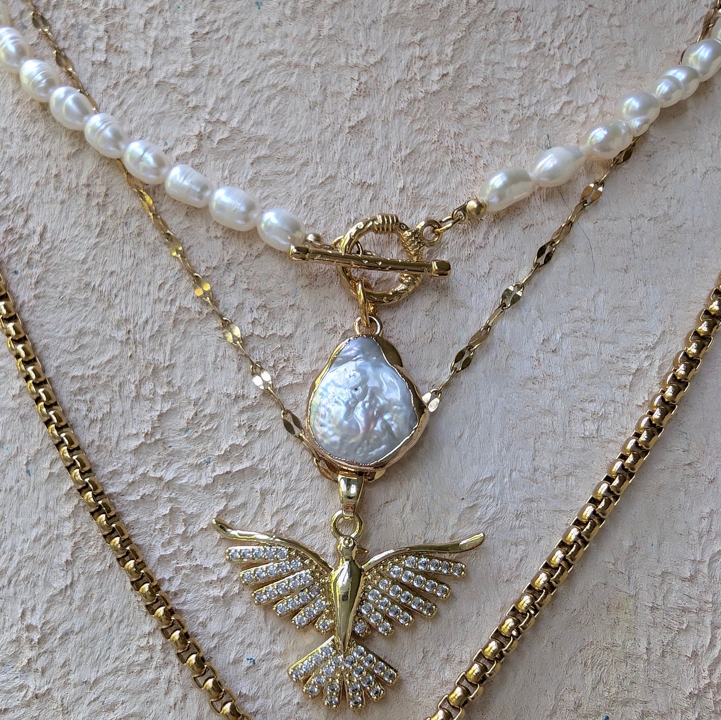 Boho freshwater pearl and gold pendant necklace stacked set, diamond phoenix pendant necklace, razorblade pave pendant, perfect gift for her