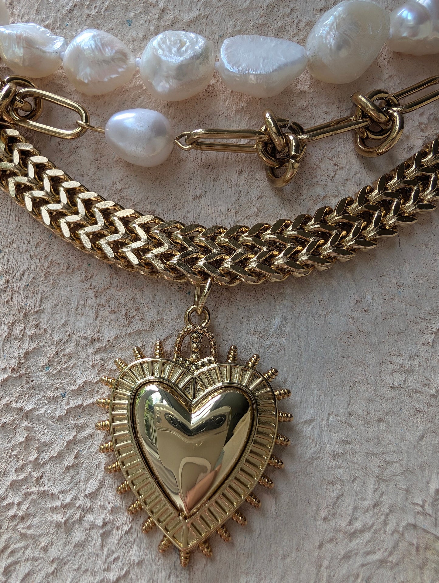 Sacred Heart Boho Chunky Gold Necklace paired with Baroque Pearl Statement Choker